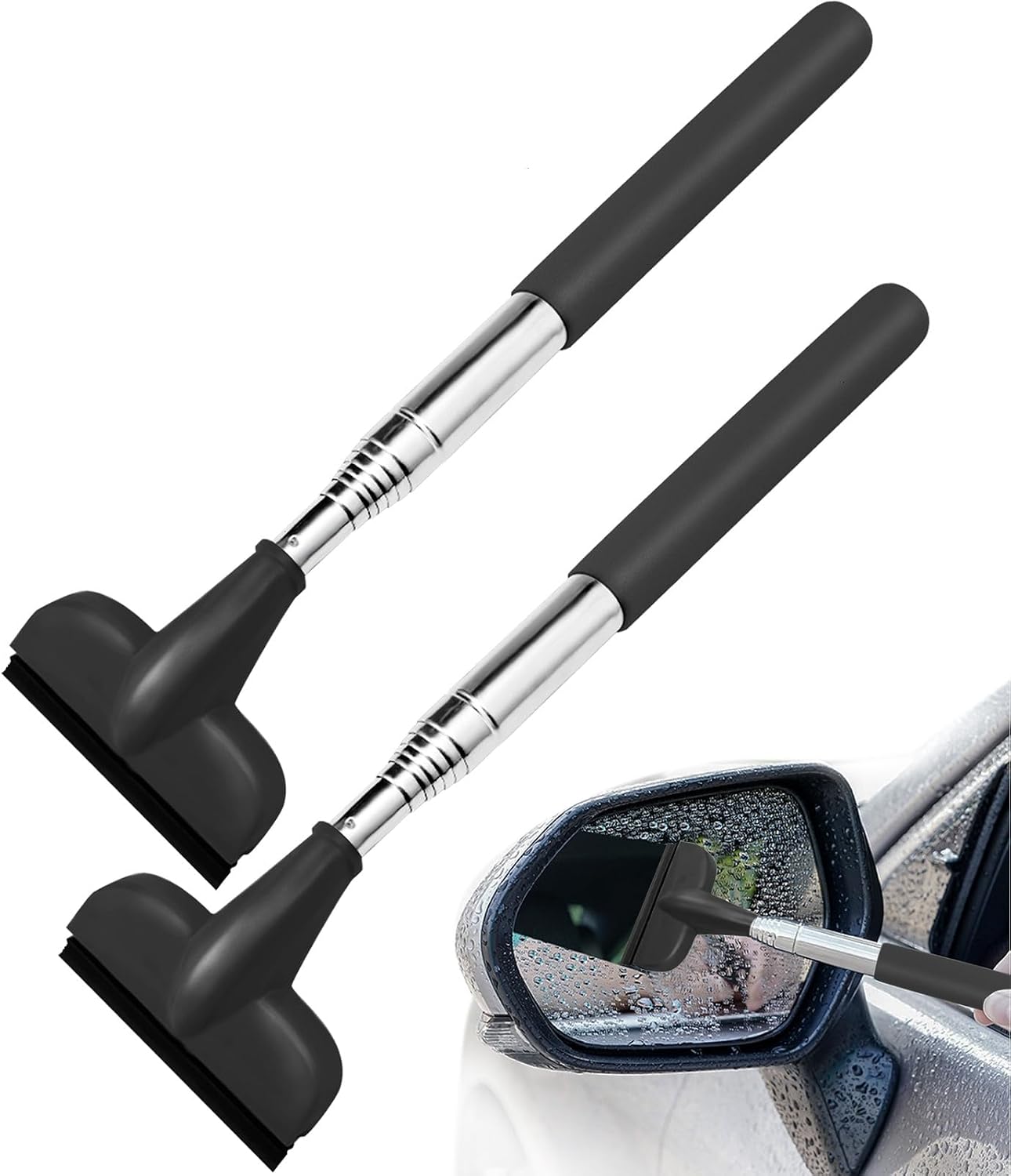 2 Pcs Side Mirror Squeegee Retractable Car Rearview Mirrors Wiper 38.6 inch Handle Portable Cleaning Tool Automotive Accessories Universal for Rainy Foggy Weather Black