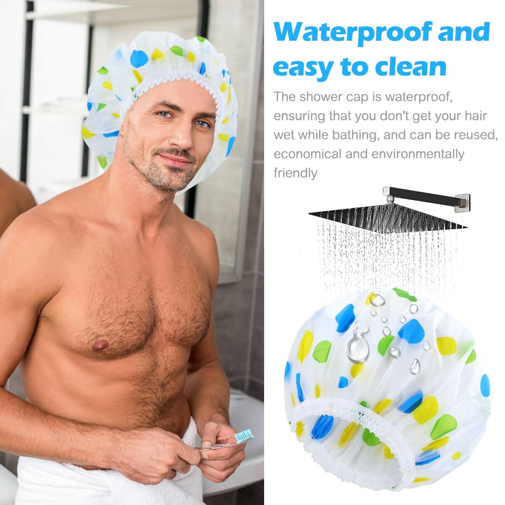 Yoosit 6 PCS Large Plastic Shower Caps Waterproof Bath Caps Reusable EVA Satin Lined Shower Hats Adjustable Bathing Hair Caps Bonnets for Women Girls (3 sun flowers + 3 dots) - Image 4