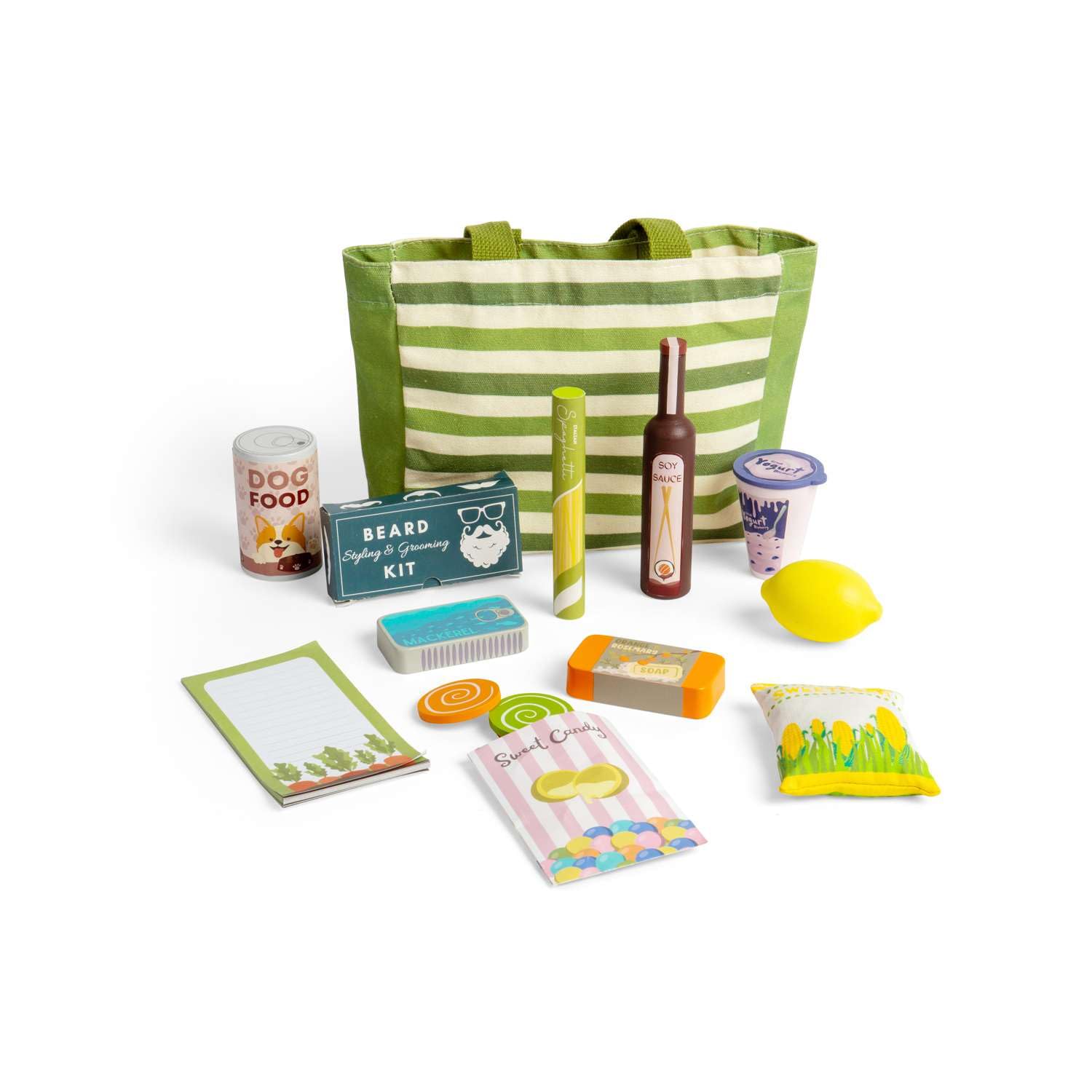Bigjigs Toys Einkaufsreise-Set, 17-teiliges Holz-Einkaufsspielset