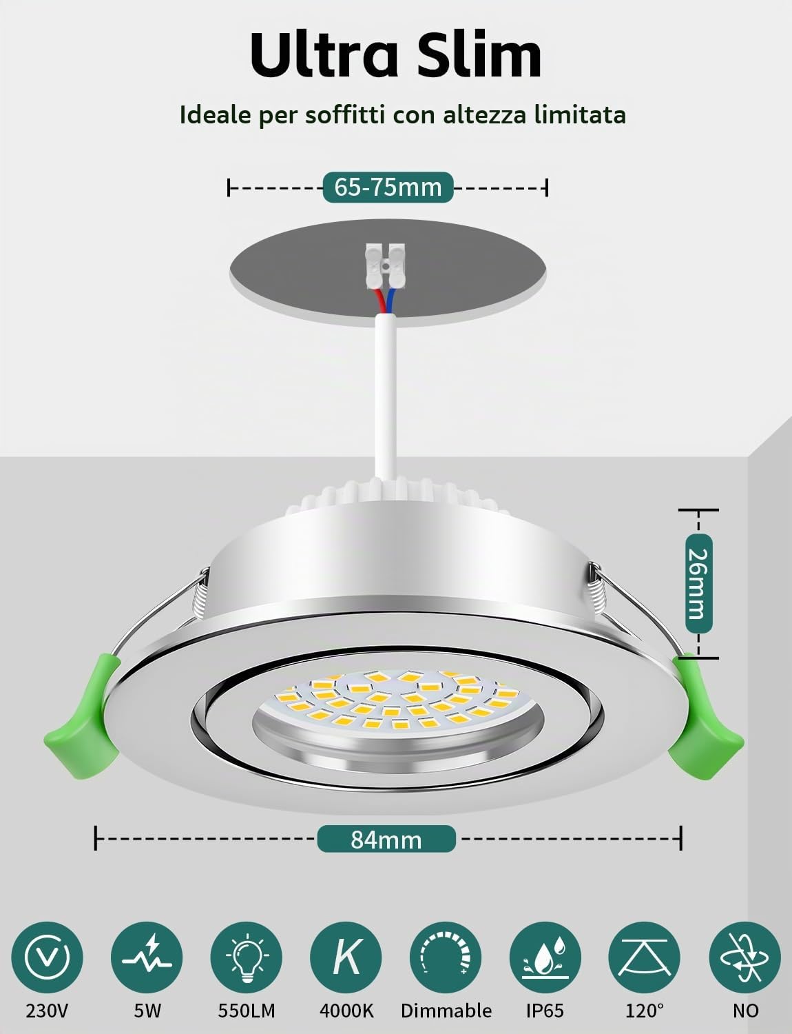 KYOTECH Faretti LED da Incasso per Cartongesso Dimmerabile 65-75mm Ultrasottili 5W IP65 Faretto Incasso Cartongesso Bianco Neutro 4000K Faretti da Incasso per Bagno, Set di 6 Nichel (Non Ruotabile)