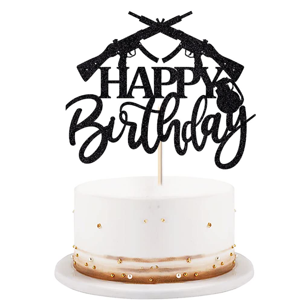 LVEUD Happy Birthday Cake Topper Gun Theme Enthusiast Black Glitter Party Decorations Supplies