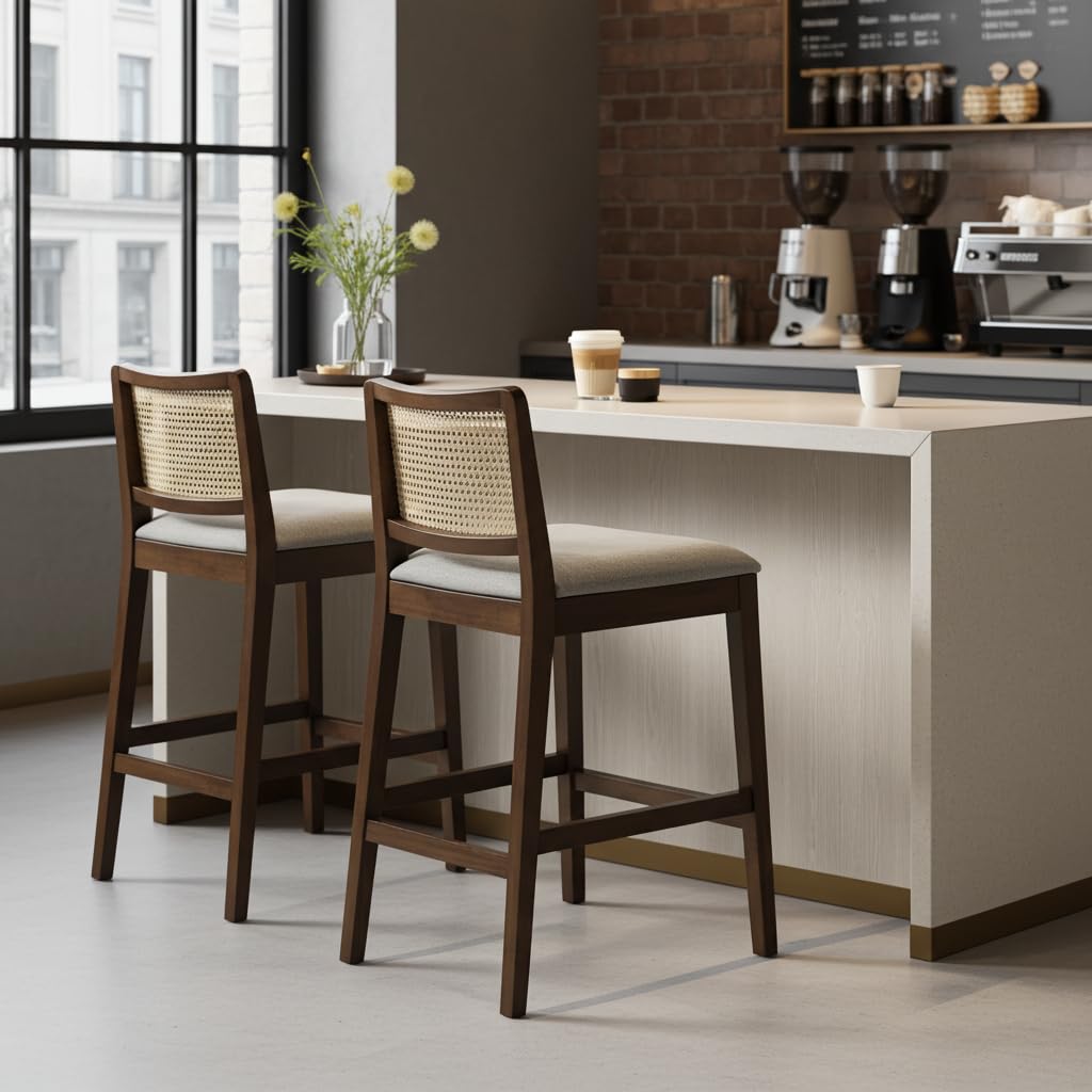 Walnut Wooden Barstool with Beige Cushioned Seat | Walnut Finish, 74cm Seat Height, Handwoven Natural Cane, Reinforced Footrest, Mid-Century Modern-image-35