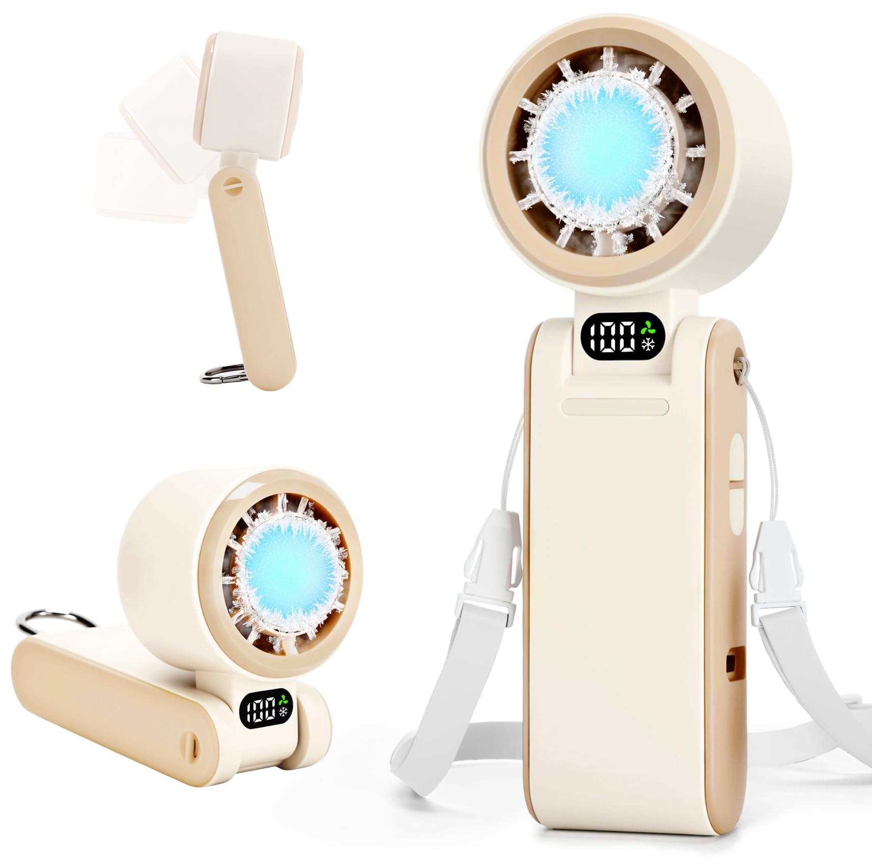 【 2026新登場 100段階強風 冷却プレート 】 ハンディファン 携帯扇風機 小型 強力 5way 冷却用 手持ち 首掛け 卓上 吊り下げ ペルチェ素子 冷感 ミニ ハンドクーラー 暑さ対策 充電式 15時間 長持ち 4段階切替 入切簡単 ディスプレイ 静音 ハンディ扇風機 コンパクト 軽量 持ち運び 折りたたみ ポータブル カラビナ ストラップ付き ベージュ・アンズ