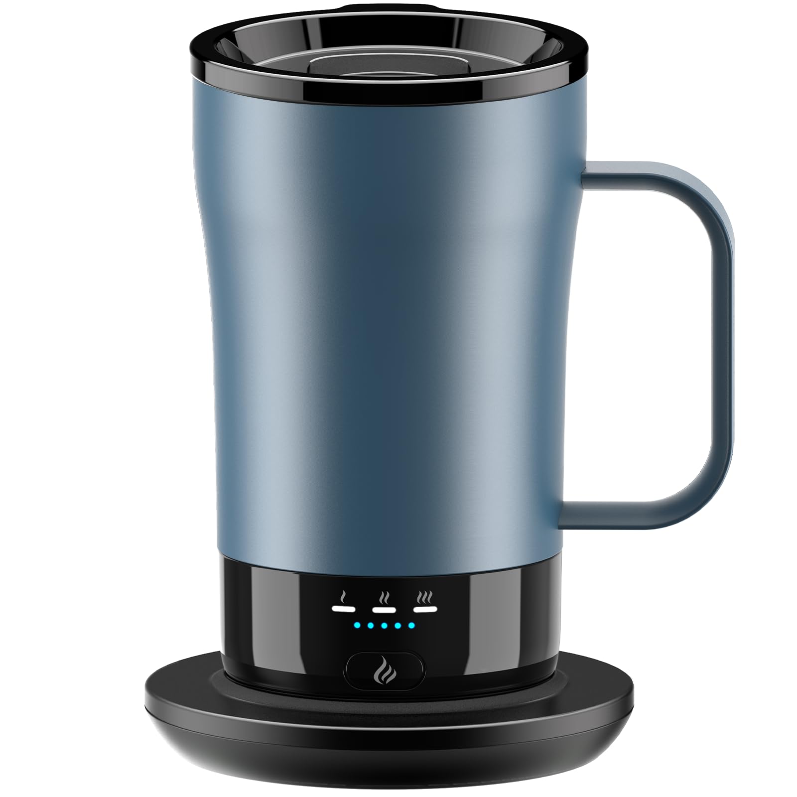 PUSEE self-heating coffee mug 14 oz in steel blue with handle and charging base