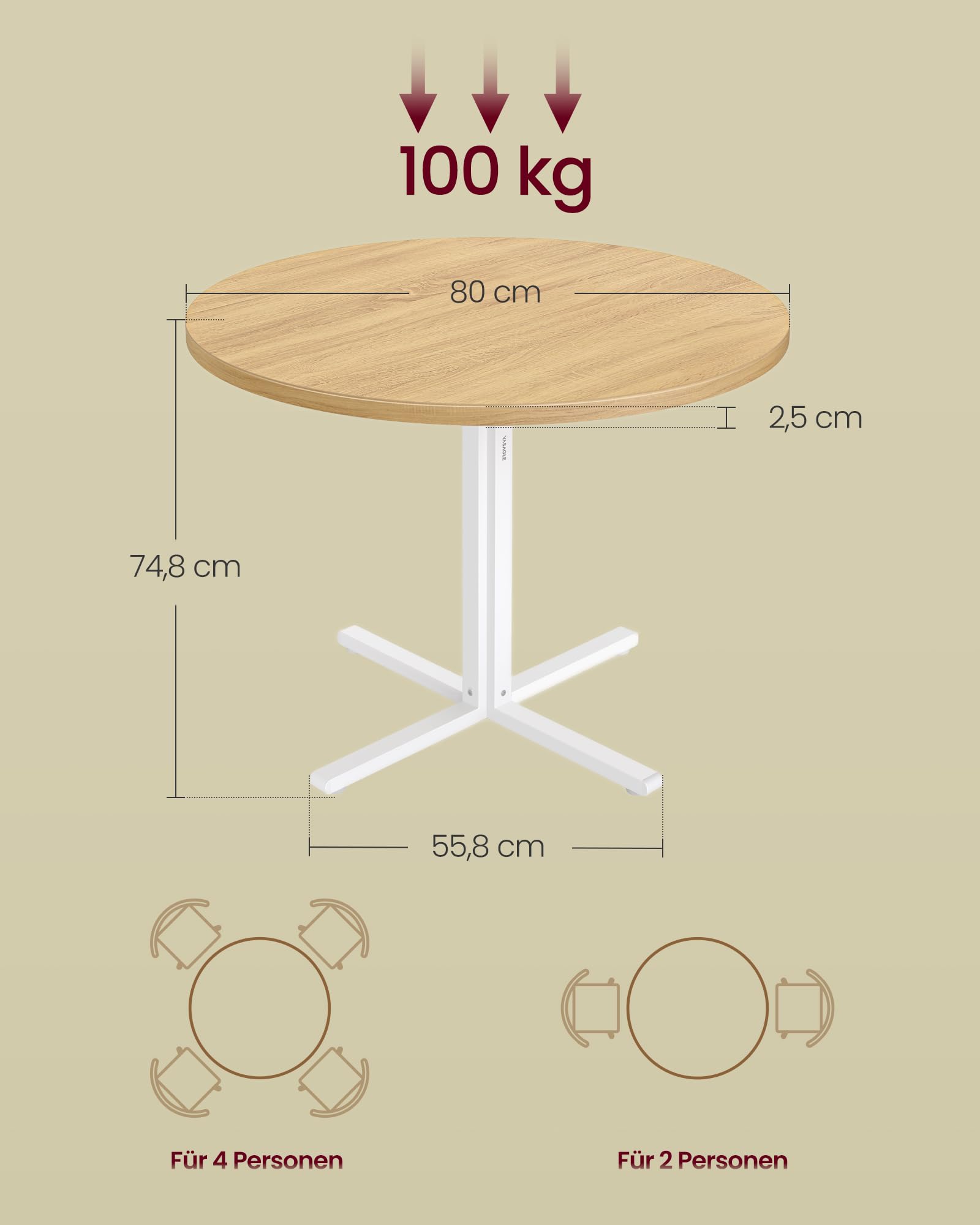 VASAGLE Esstisch rund, Esszimmertisch, klein Küchentisch für 4 Personen, Landhausstil, wasserresistente Oberfläche, 80 cm d, 74,8 cm H, für Esszimmer, Wohnzimmer, goldeichenfarben KDT082Y02