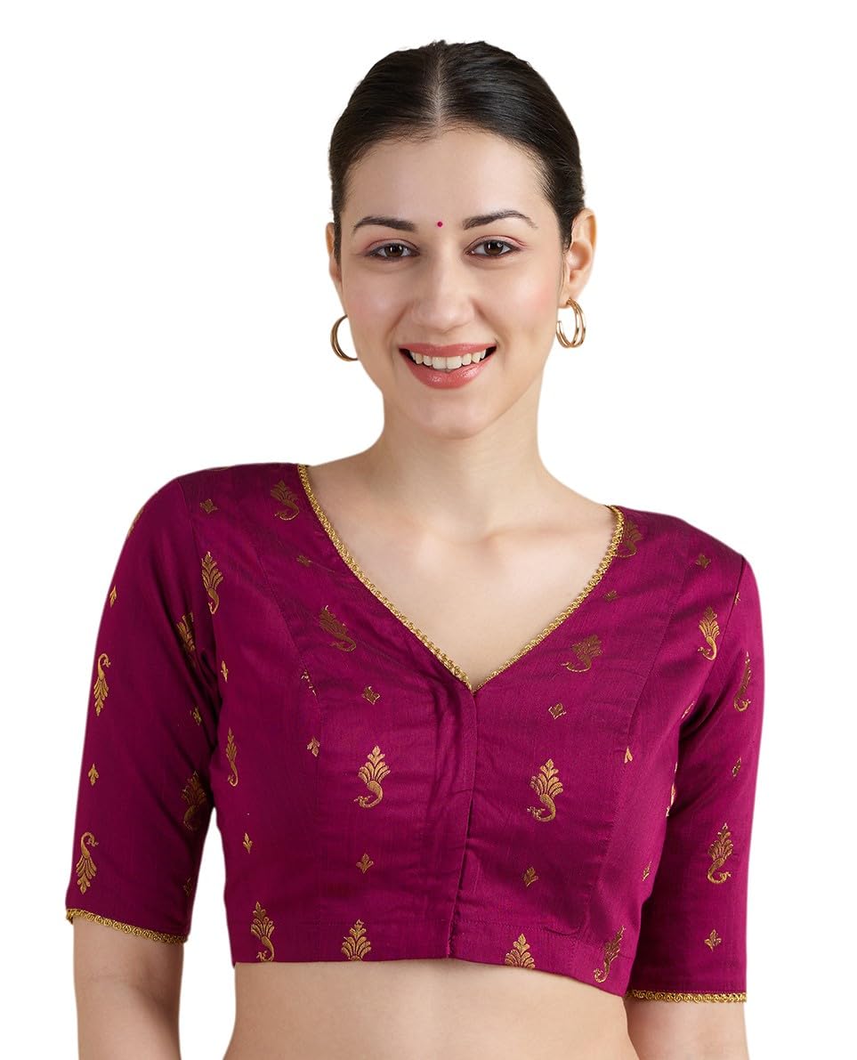 Studio Shringaar Women's Handloom Cotton Silk Readymade Saree Blouse with Peacock Motif
