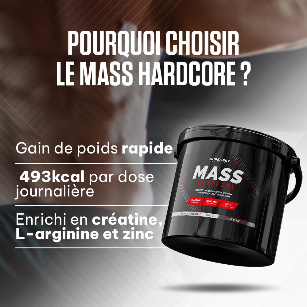 Superset Nutrition | Mass Hardcore (4,5kg) | Gainers | Gainer enrichi en whey + créatine - Chocolat