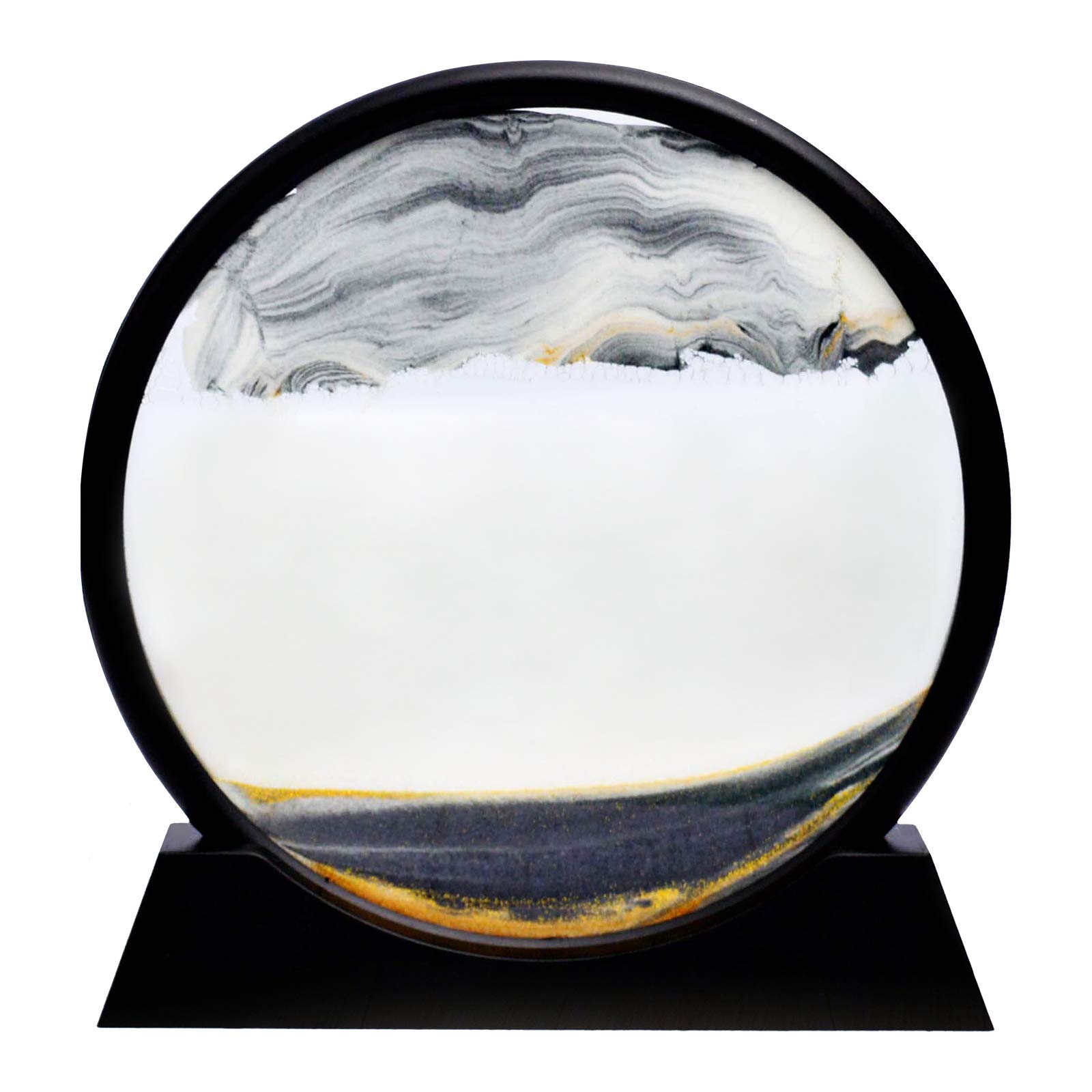 Moving Sand Picture Sand Art Round Glass 3D Deep Sea Sandscape in Motion Display Flowing Sand Painting Frame Desktop Art Bookshelves Home Office Decoration (Black, 12 inch)