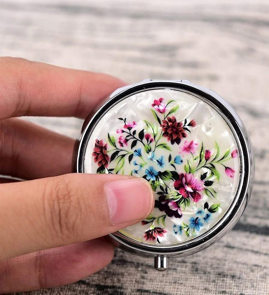 Image of Flowers Round Pill Box,3 Cell Plastic Insert,20 Pills Holding Capacity Button to Open,Mini Portable Portable Long-Term Storage Perfect for Carrying in Pockets,Wallets,Travel,Work