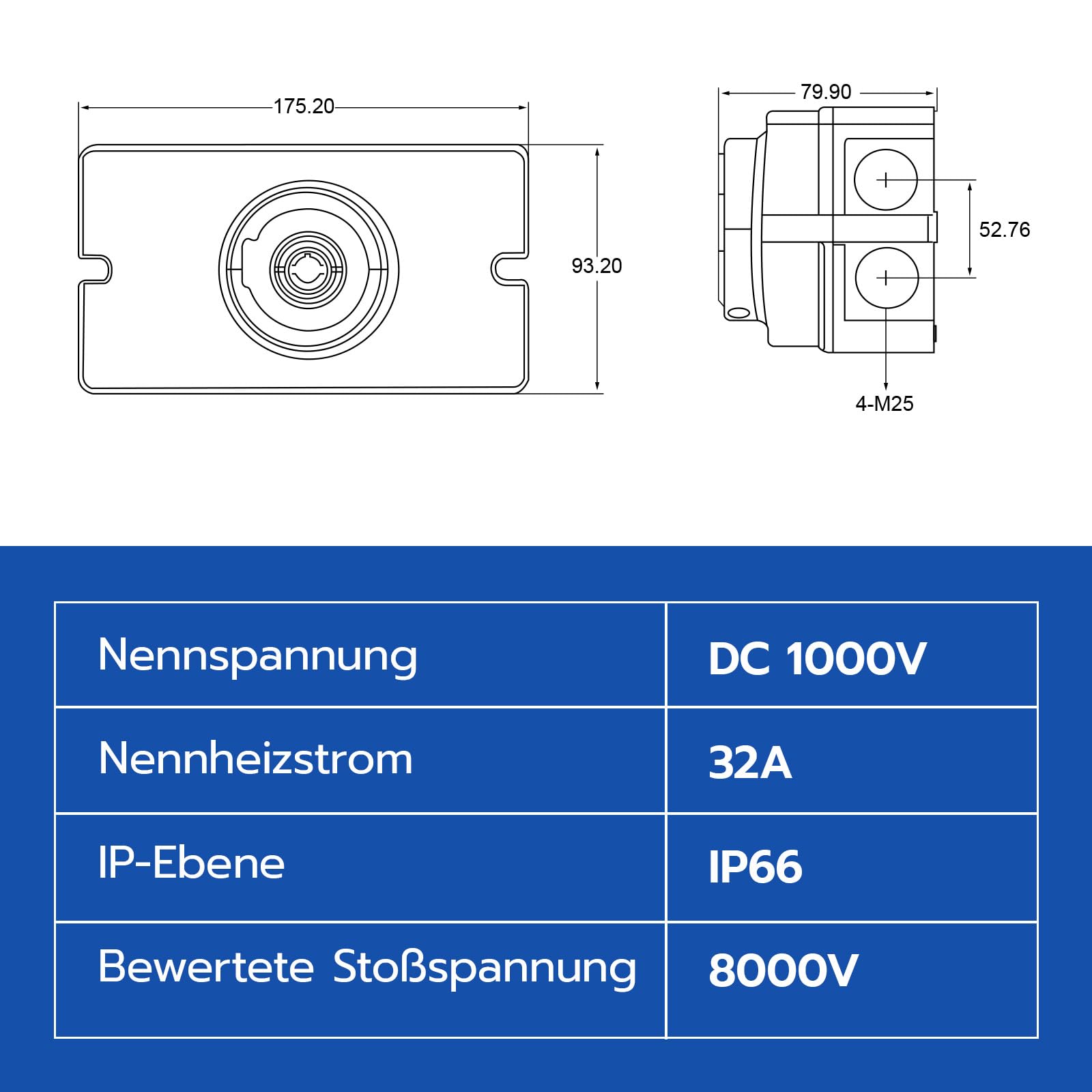 DC Trennschalter PV Anlage 32A 1000V,2 String PV Trennschalter Solar Anschlusskasten für Solaranlage,IP66 PV Sicherungsautomat für Solarplatten