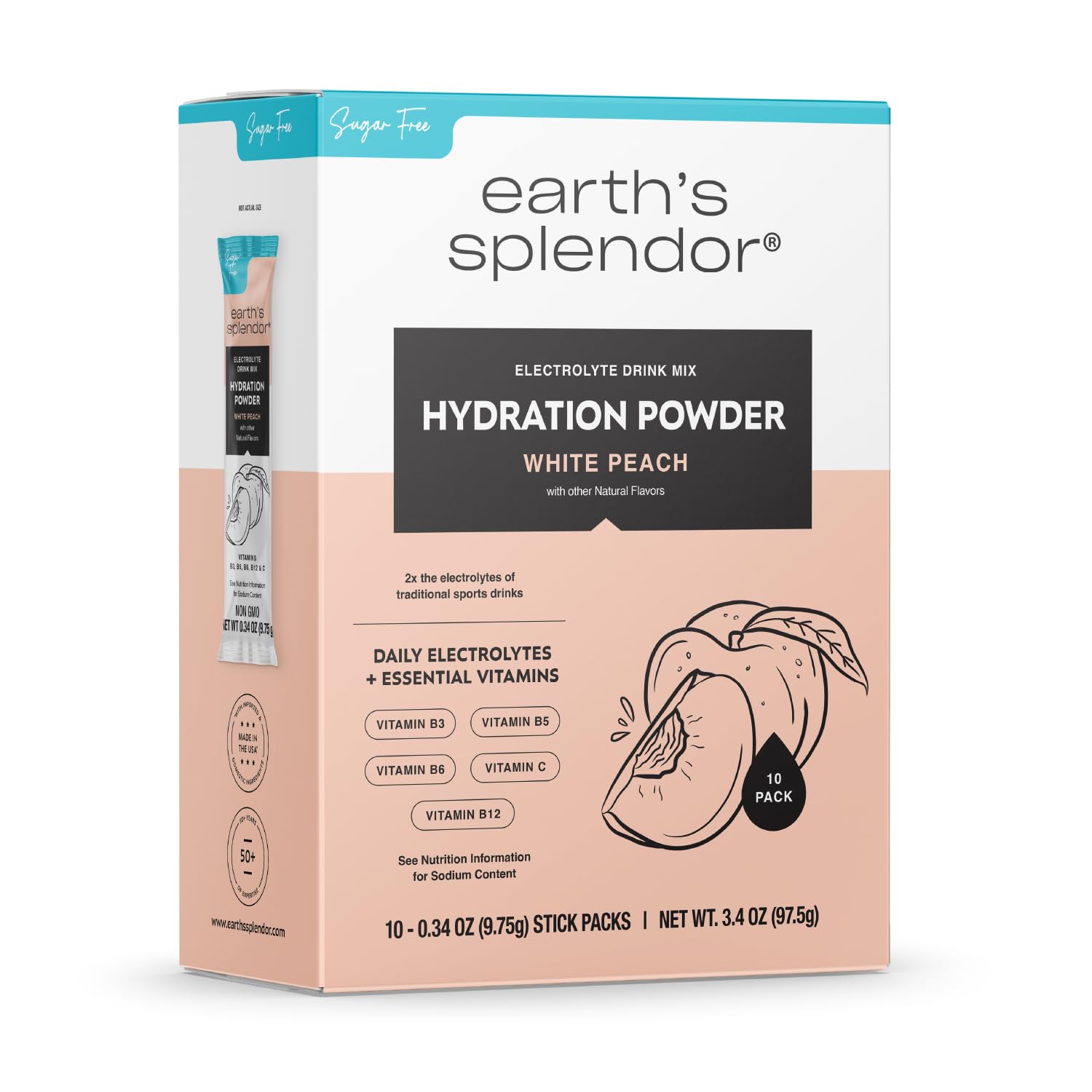 Earth's Splendor Electrolytes Powder Packets Sugar Free White Peach Hydration Sticks with Essential Vitamins for Energy &amp; Sports Performance Travel-Friendly Single-Serve Packets for Daily Use 10 Pack