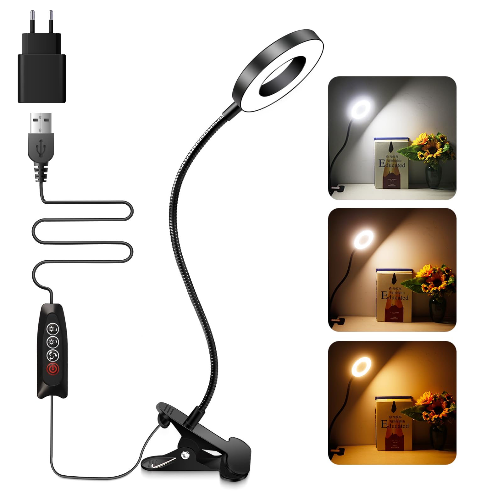 Akynite Flexo LED Escritorio Negro con Pinza y Adaptador, 3 Colores y 10 Brillo, 48 LED Lámpara USB Clip, Aro de Luz Flexible Luz Escritorio LED Pinza, Luz de Lectura Libros en la Cama