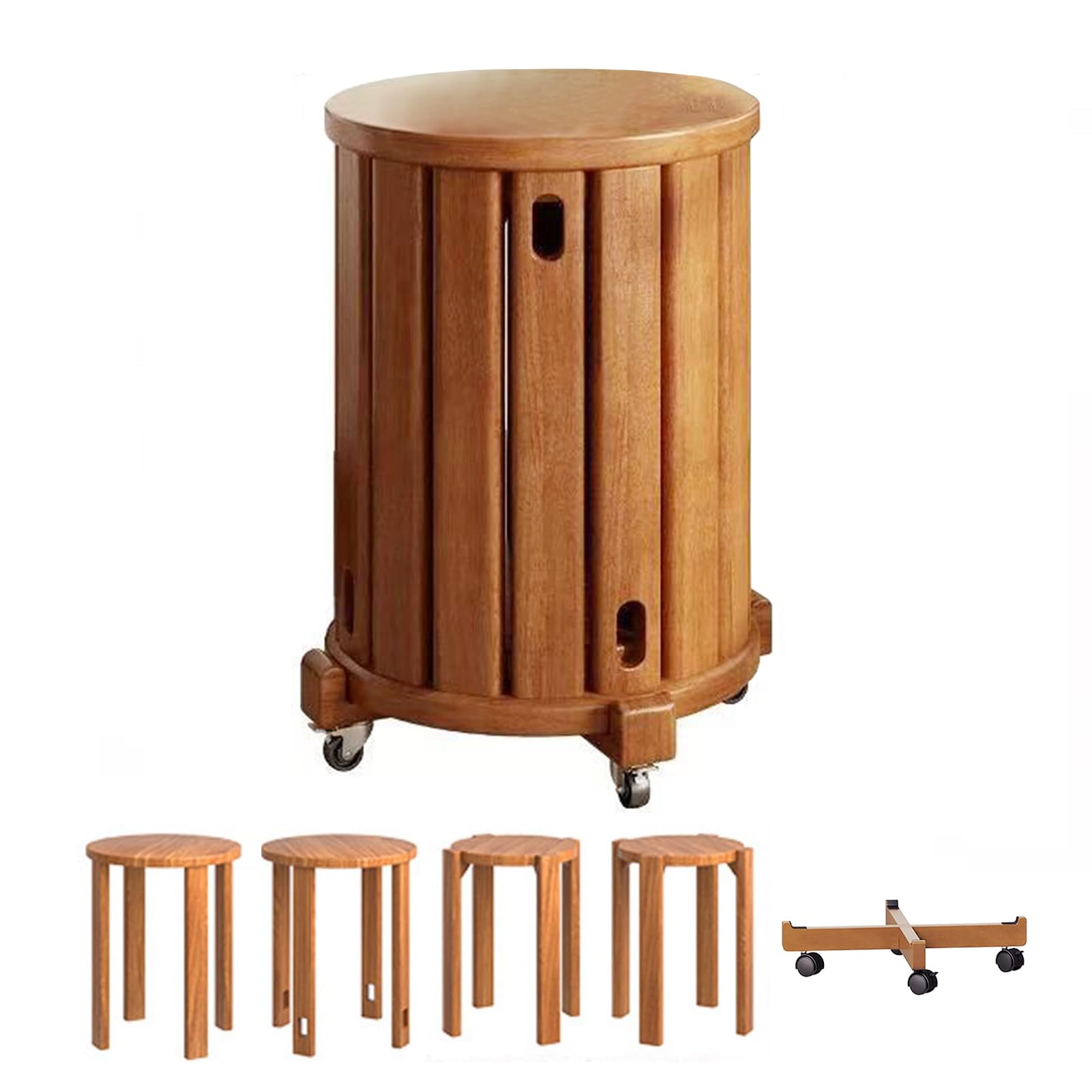 Tabourets ronds empilables bois pour gagner de l'espace, tables gigognes sur roulettes