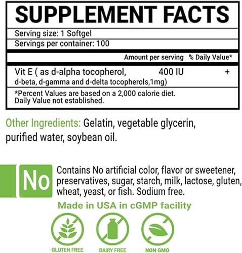 Miniatura 2 de Peter's Choice, Vitamina E natural 400IU, 100 cápsulas de cápsulas, antioxidante y soporte para la piel, sin gluten, fabricado en Estados Unidos