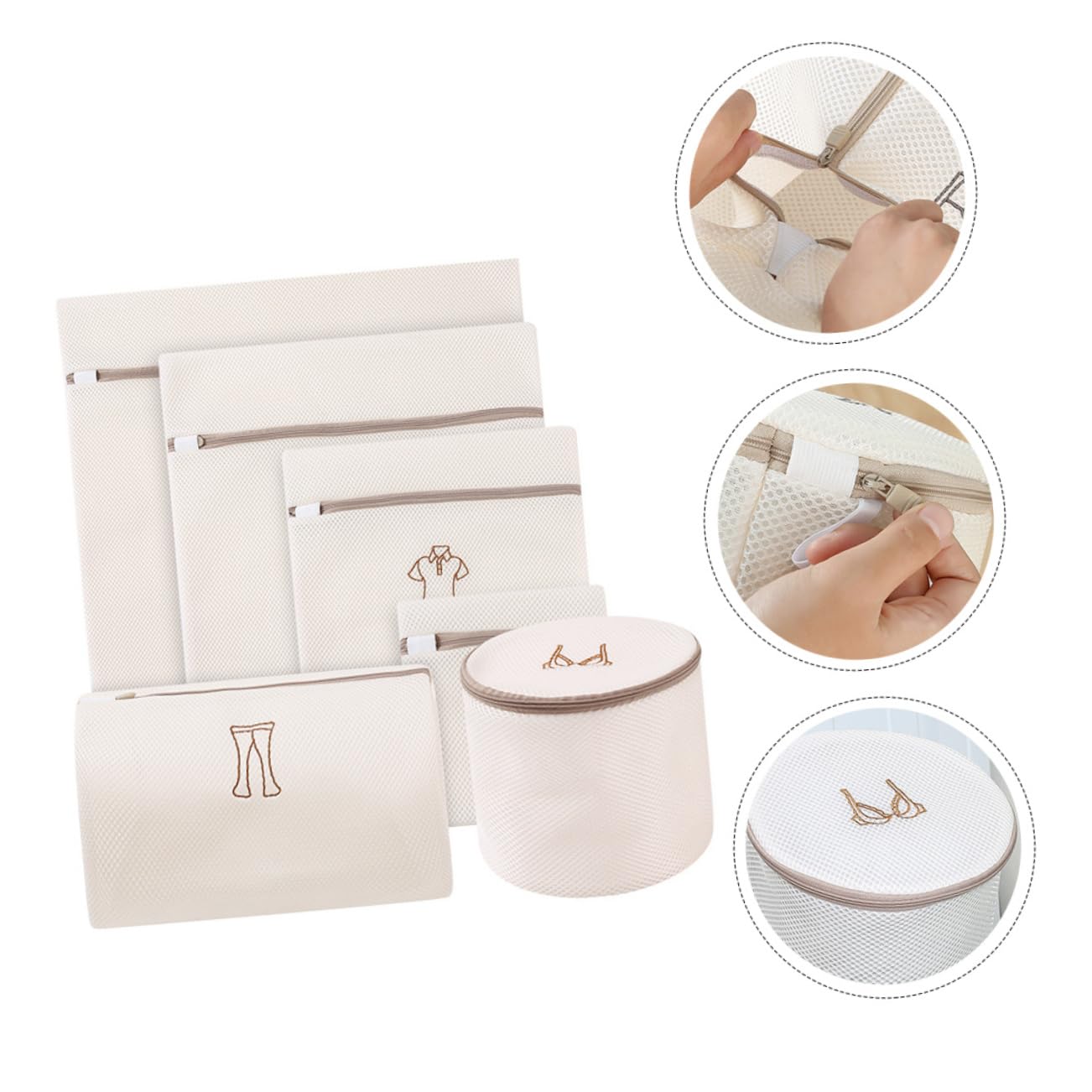 Set 6 Sacchetti per Lavanderia Ricamati Beige in Poliestere | Rete per Lavaggio, Separa Capi Sporchi e Puliti, Protegge Cerniere e Tessuti Durante Ciclo
