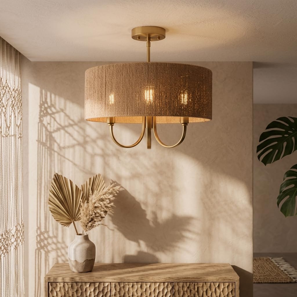 Maxax 17.5" Boho Ceiling Light Fixture, Rattan Semi Flush Mount Chandelier with 3 Light Gold Base, Wood-Tone Wicker Lampshade, 60W