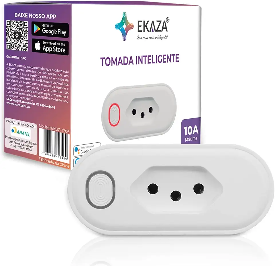 EKAZA TOMADA INTELIGENTE 10A, WI-FI, COMPATIVEL COM GOOGLE ASSISTENTE E ALEXA – T206