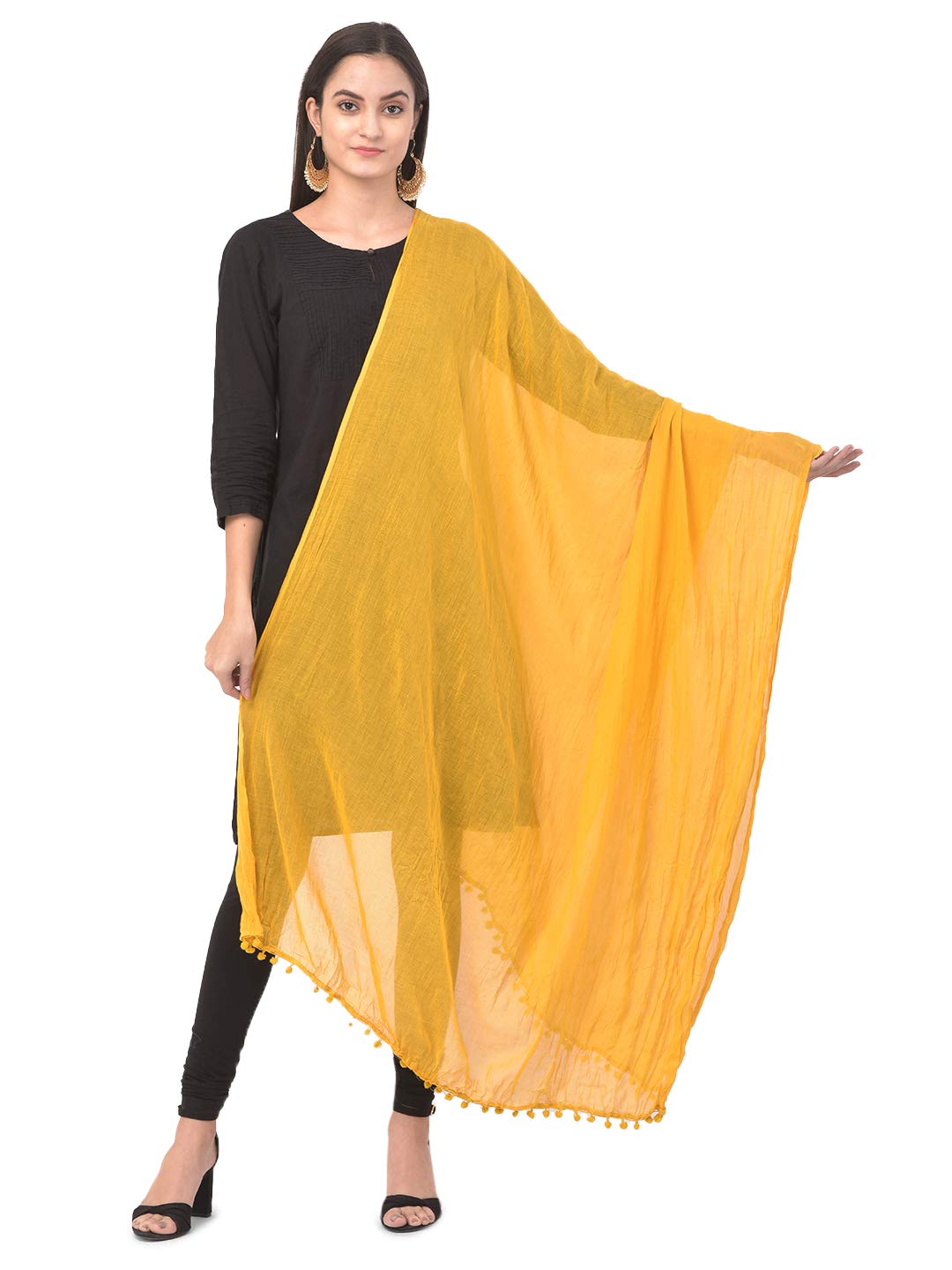 Ananya Fashion & Crafts Hub Women's Mustard Solid Color Cotton Dupatta For Indian Style With Pom Pom Scarves Wrap Shawl Length 2.25 Meter 24 Inch