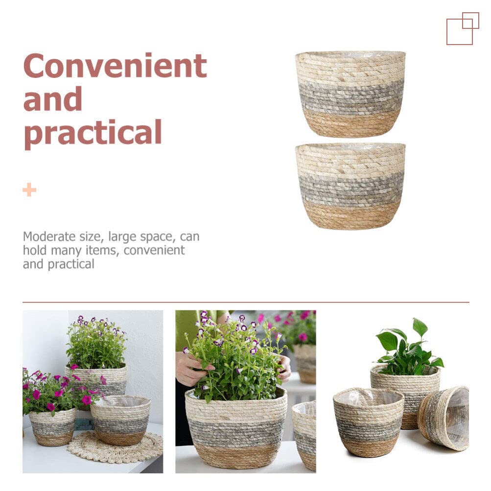Paniers Tressés en Paille 2 Pièces, Cache-pot Décoratif pour Fleurs