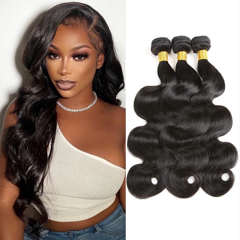 Datanala Brazilian Virgin Body Wave Human Hair Bundles 100% Unprocessed Body Wave Human Hair 3 Bundles Double Weft Hair Weave Natural Black Color(16 18 20Inch, 3bundles)
