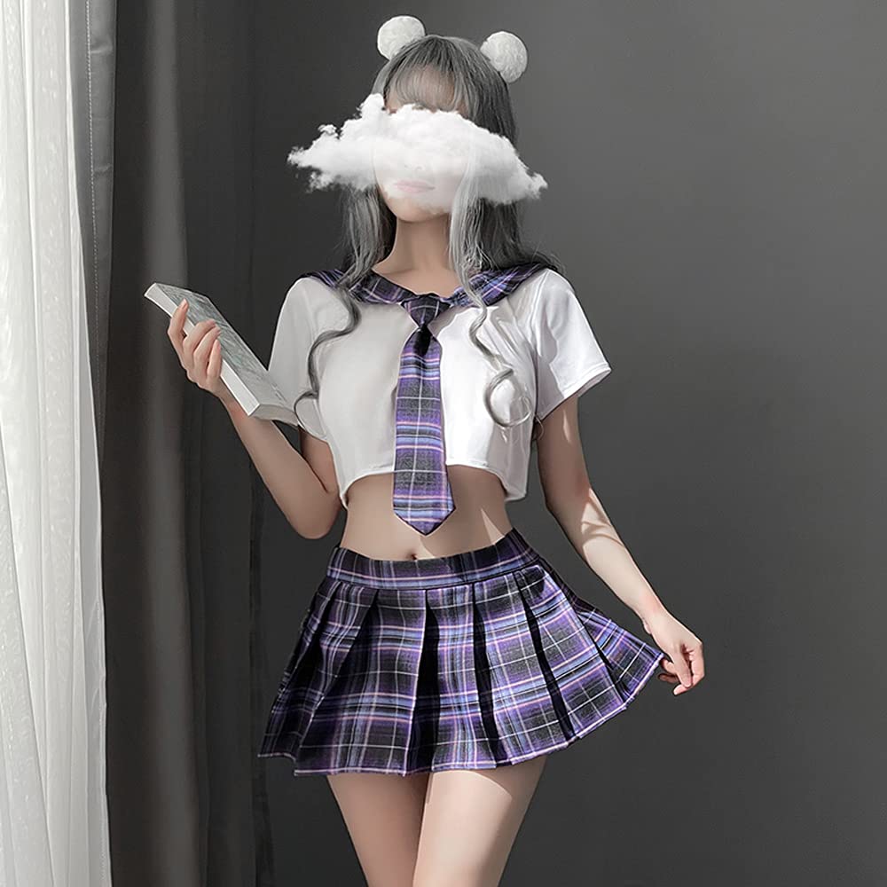 Schoolgirl Outfits Japanese Plaid Pleated Skirt JK Uniform Cosplay Lingerie: 7039white Purple