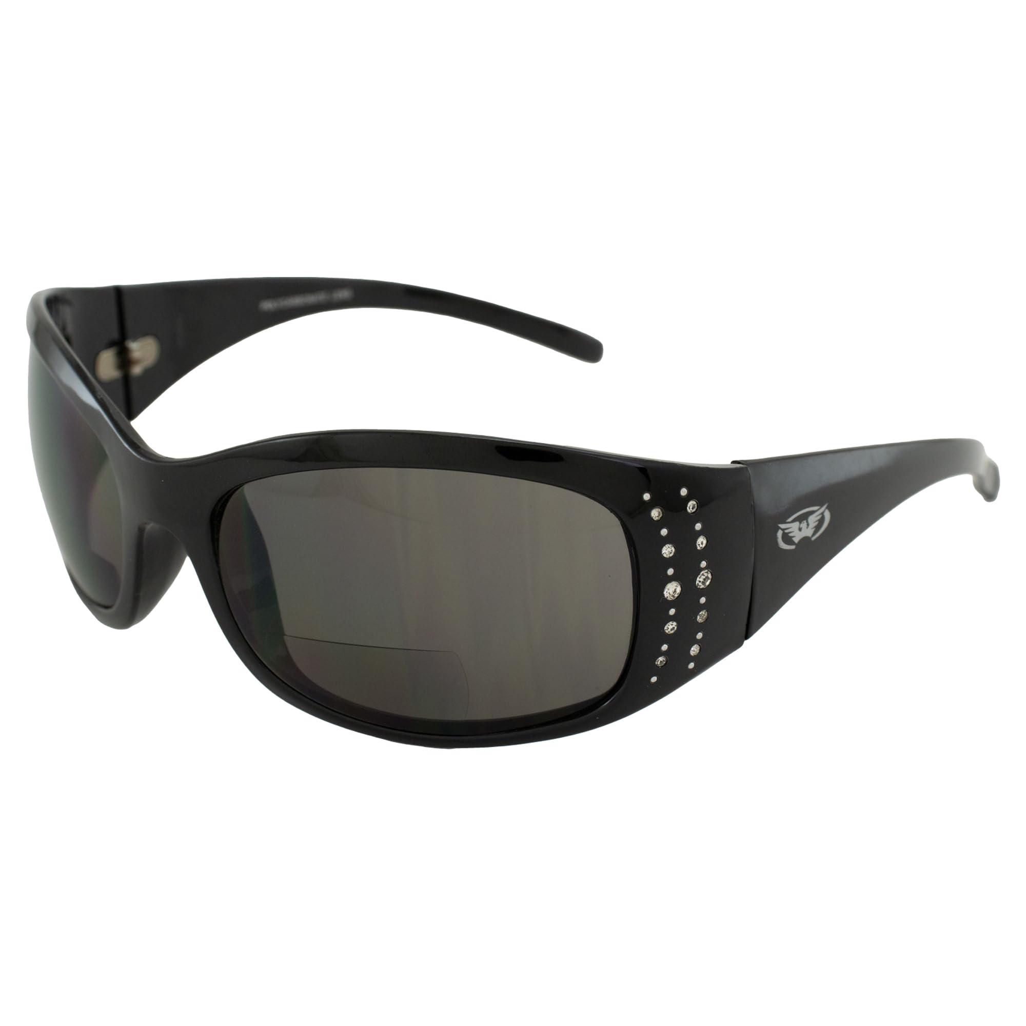 Global Vision Marilyn 2 Sonnenbrille mit Strasssteinen verziert, glänzender schwarzer Rahmen, 3,0 x Vergrößerung, rauchfarbene Gläser