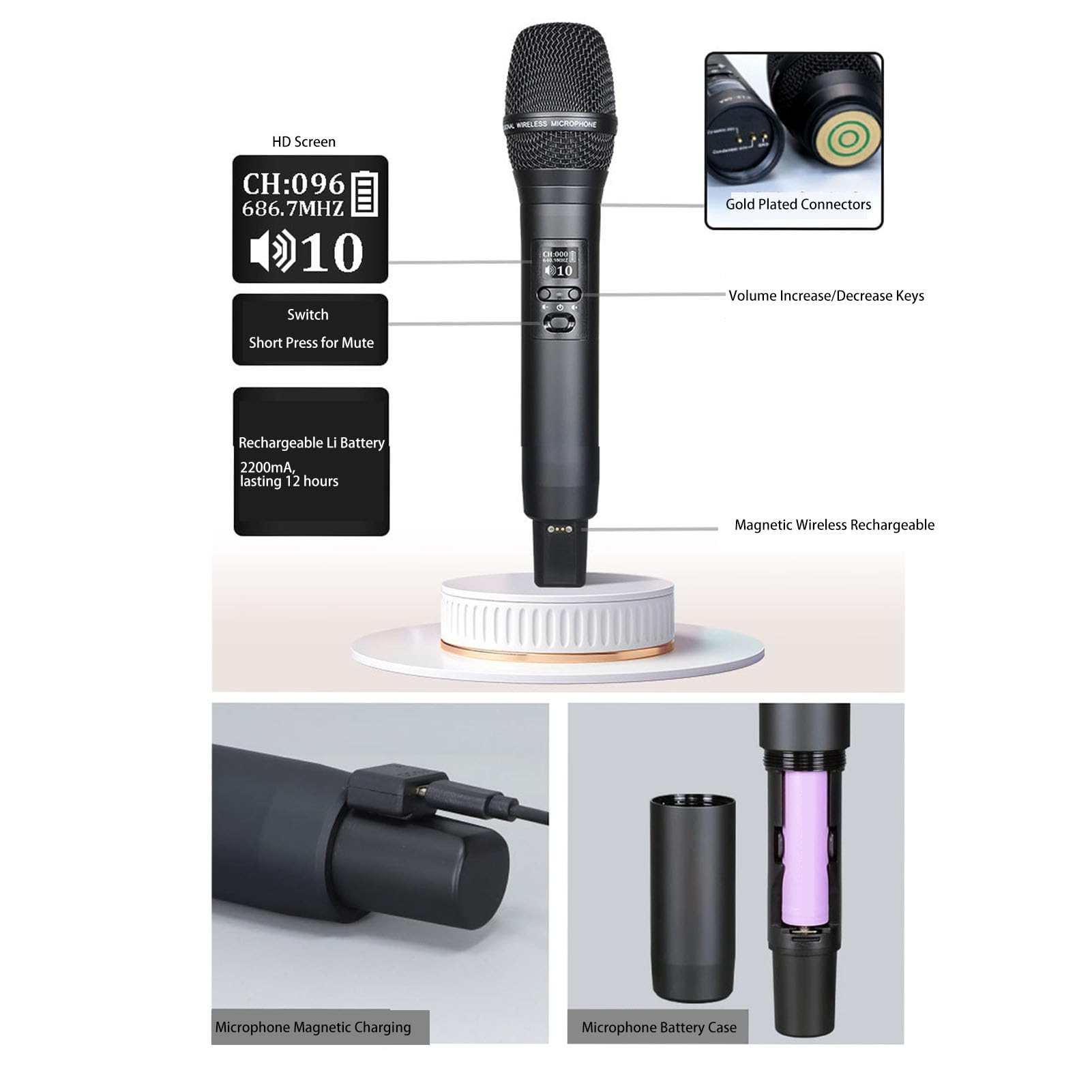 Diyeeni System Mikrofonu Bezprzewodowego, UHF PRODELDHELD MIC z Odbiornikiem, Podstawa ładowania, Anteny, Wbudowana w baterię 2200 MAh, do Karaoke Singing Church DJ PA Głośnik