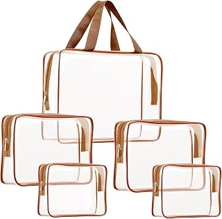 5Pcs Crystal Clear PVC Travel Toiletry Bag Kit for Women Men, Waterproof Vinyl Packing Organizer Storage Bags with Zipper Handle Straps, Cosmetic Pouch Carry on Airport Airline Compliant Bag Handbag