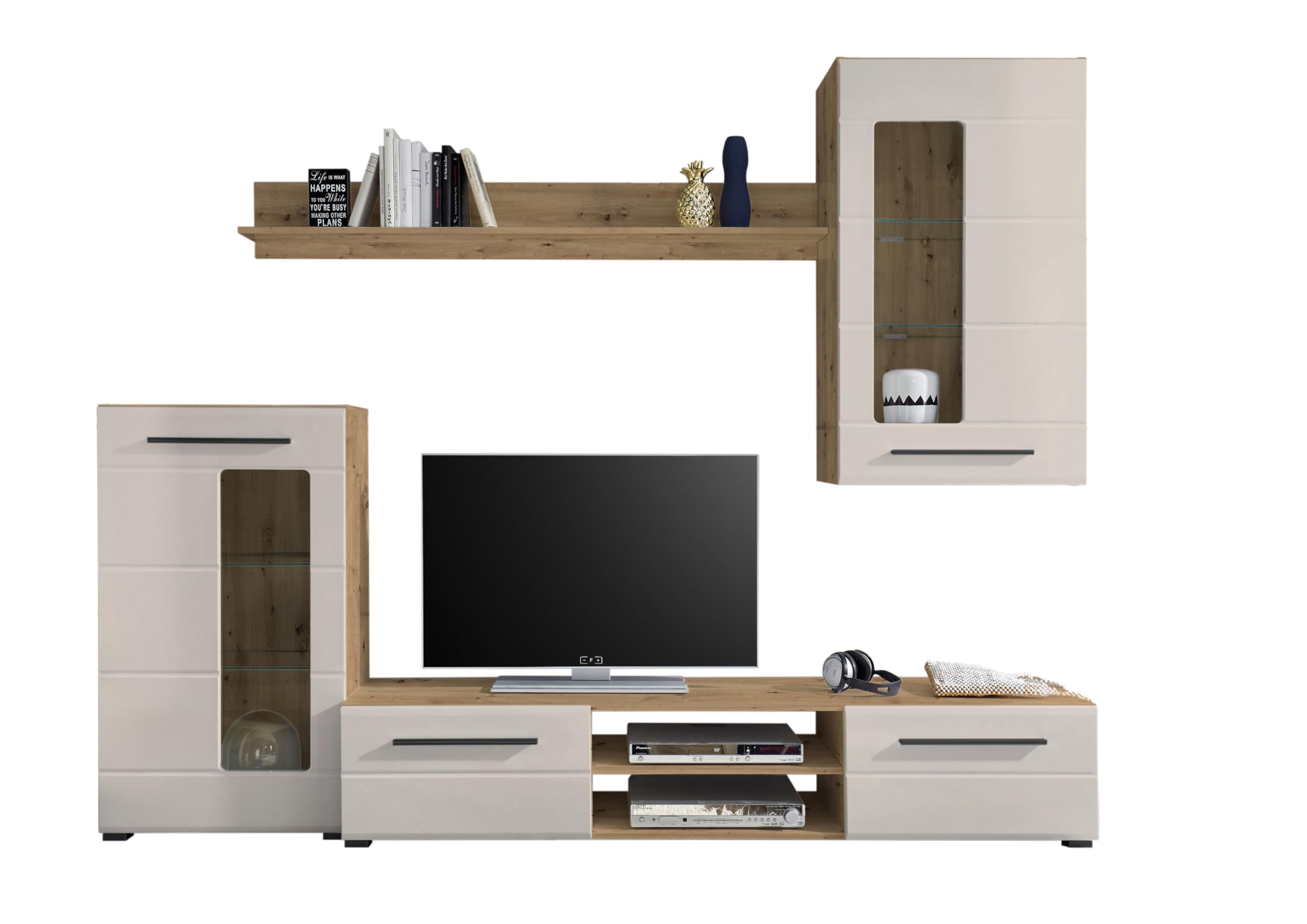 AVANTI TRENDSTORE - Magisano -Parete Attrezzata Soggiorno Quercia Artisan e Cashmere con Mobile TV, 2 Vetrine e Mensola – 240x190x42 cm
