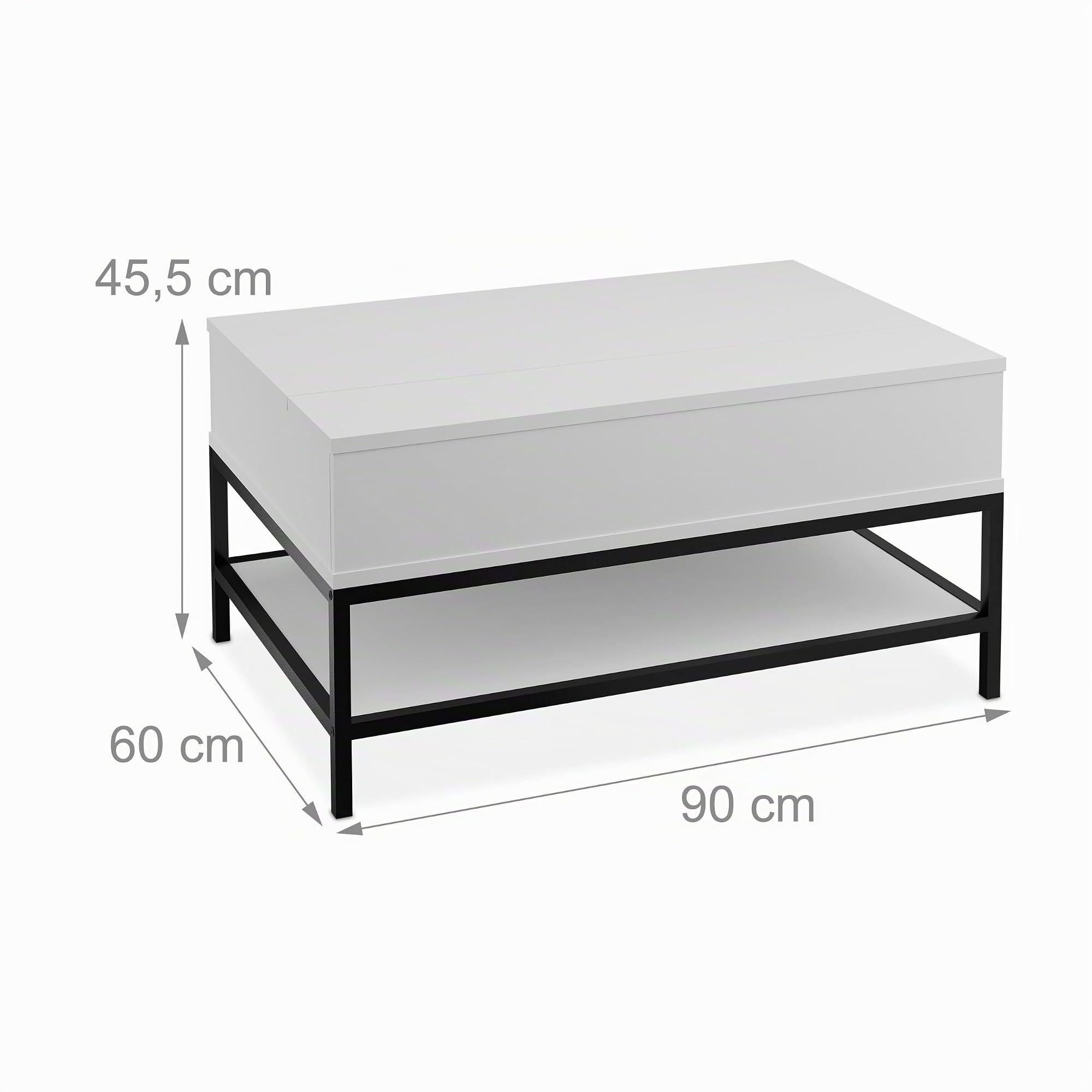 Relaxdays Mesa de Centro con Tablero Elevable, con Estante, Estilo Madera, 45,5 x 90 x 60 cm, Blanco y Negro