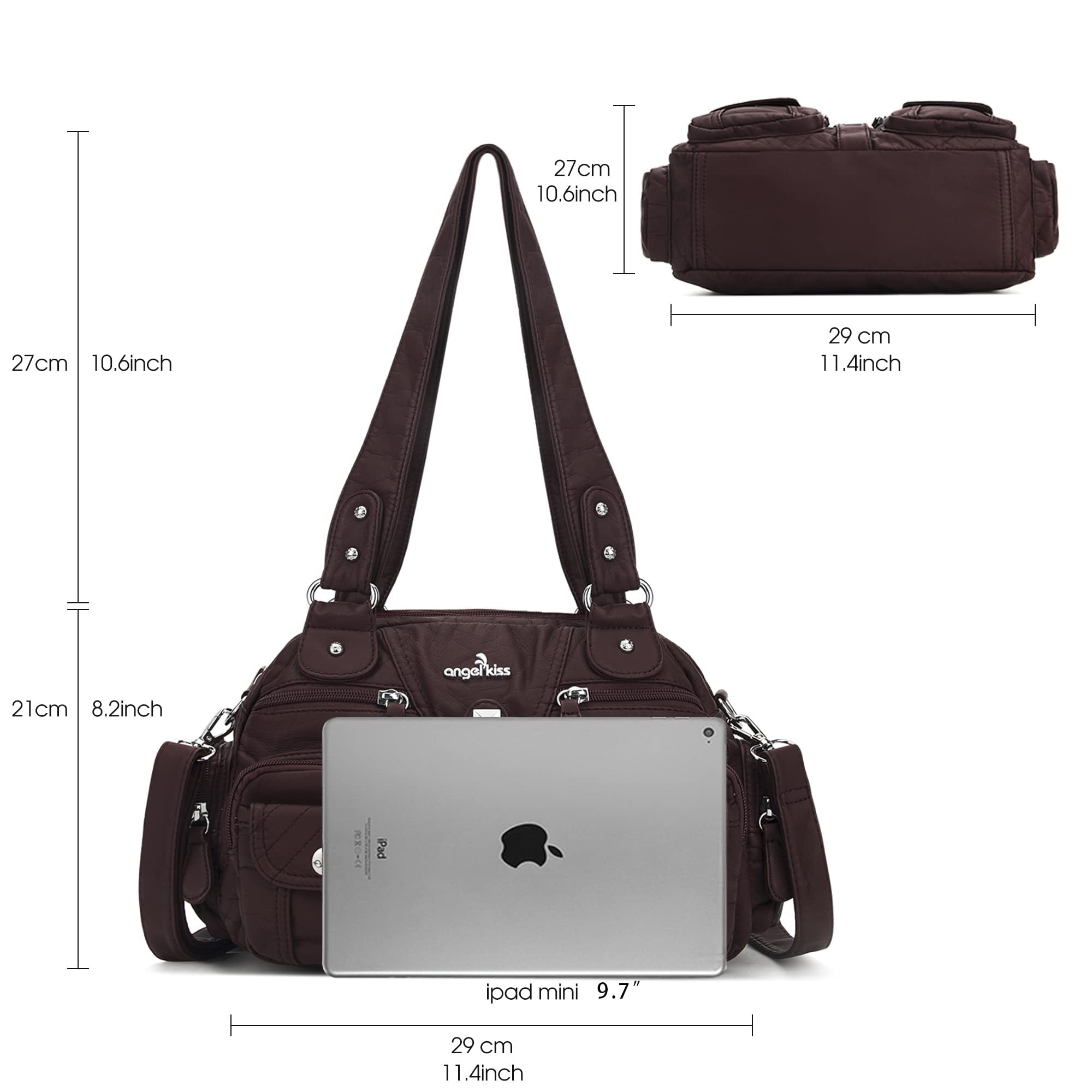 Angel Kiss Hobo - Borsa a tracolla da donna, multitasche, morbida, con tracolla rimovibile, in pelle