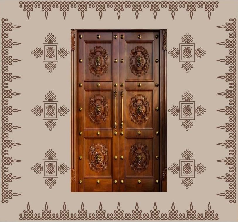 Image of Lakshmi Devi backdrops Cloths for Decoration | Traditional Light Brown Theme with Double Wooden Doors Entrance Backdrop Cloth 8x8 Feet | Traditional Backdrop Decoration Cloth