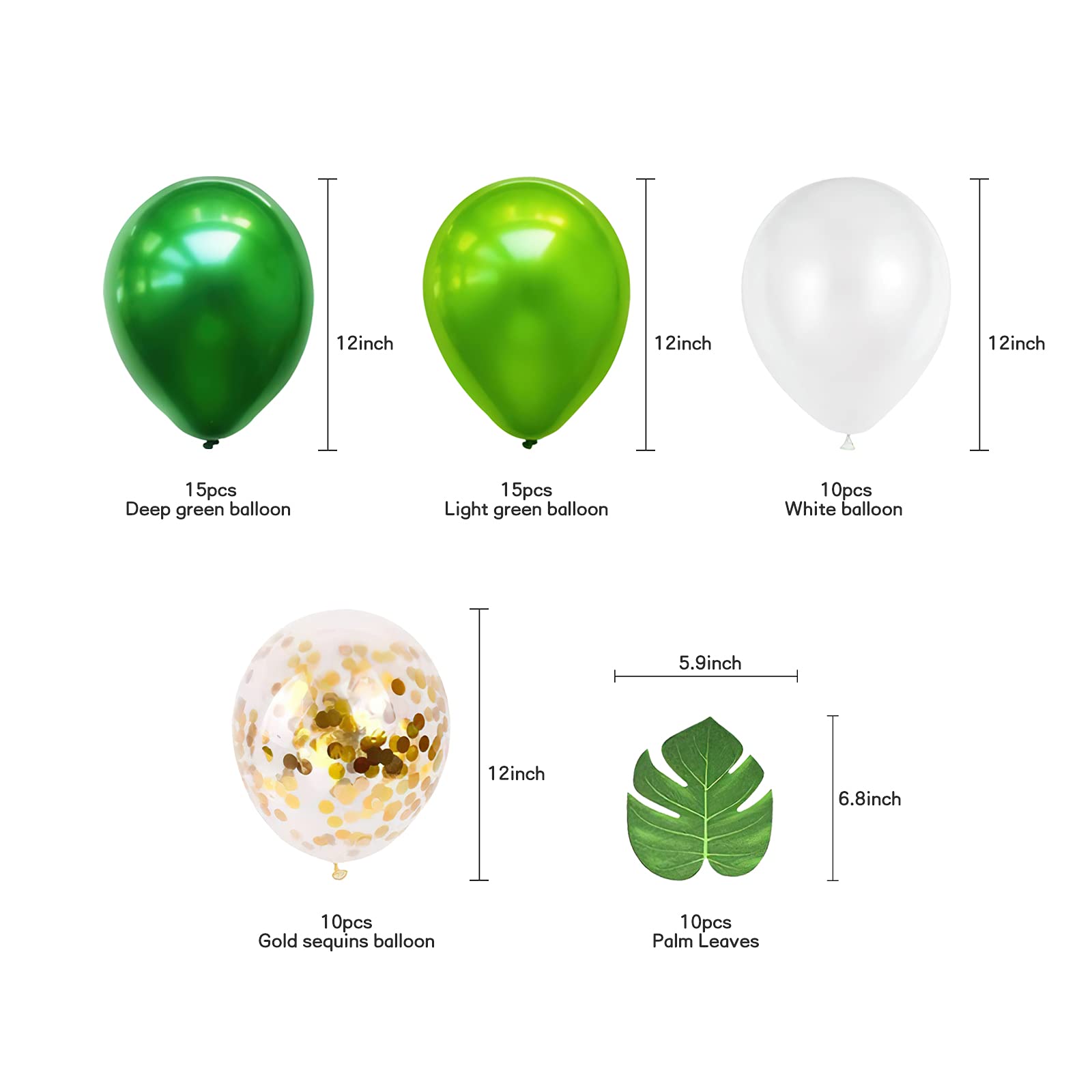 Lot 50 Ballons Vert Jungle + Feuilles Palmier - Blanc, Vert Foncé, Clair, Or Confettis Pour Fête Tropicale