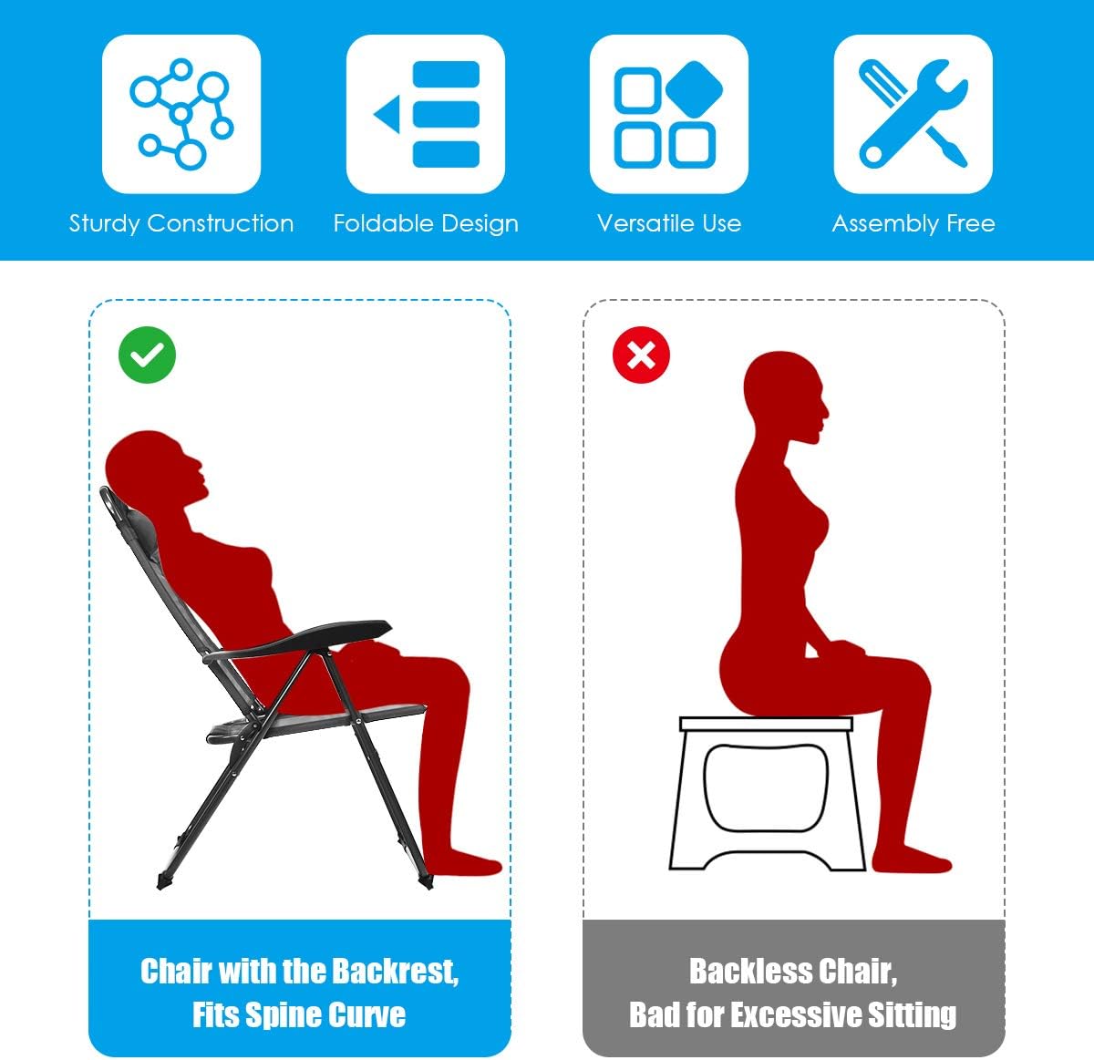 Giantex Set of 2 Patio Dining Chairs, Folding Lounge Chairs with 7 Level Adjustable Backrest, Headrest, 300 Lbs Capacity, Outdoor Portable Chairs with Metal Frame (2, Gray)