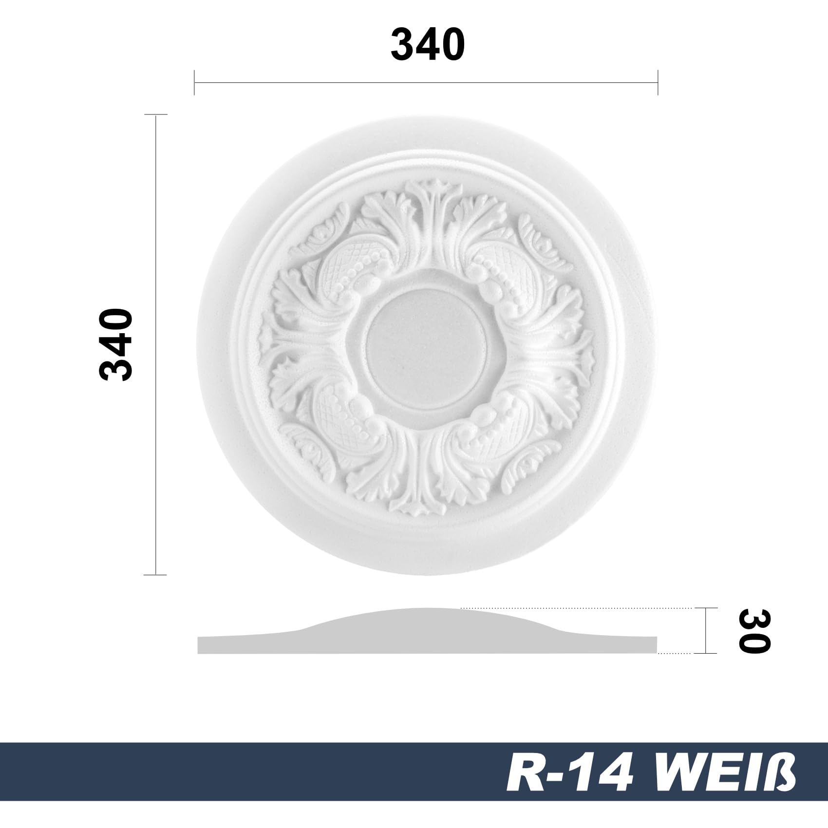 MARBET DESIGN Stuckrosette R-14, Ø 34cm - Deckenrosette weiß, aus EPS Styropor, Zierelement, Stuck, Wanddeko Wohnzimmer Lampe Polystyrol rund
