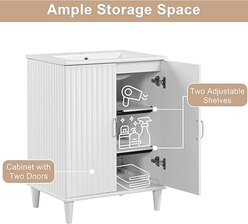 Miniatura 7 de P PURLOVE Mueble de baño de 24 pulgadas con fregadero, armario de almacenamiento de baño con dos puertas y estantes ajustables, moderno juego de