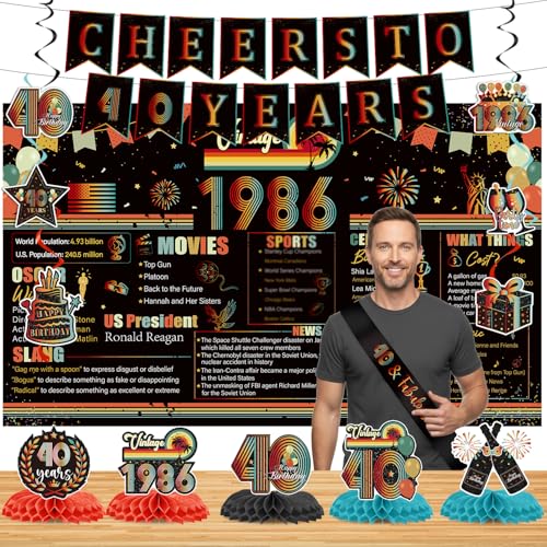 Lovarywow 40th Birthday Decorations for Men Women - 14PCS Vintage 1986 Birthday Banners Hanging Swirls Honeycomb Centerpieces Backdrop Sash Party Decor, Happy 40 Forty Years Old Bday Supplies
