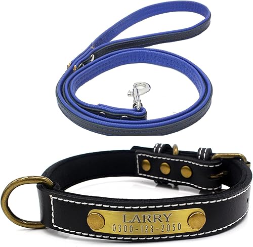 Miniatura 8 de Yonsbox Juego de collar y correa de cuero personalizado para perro con placa de nombre acolchada suave grabada, collares rojos ajustables