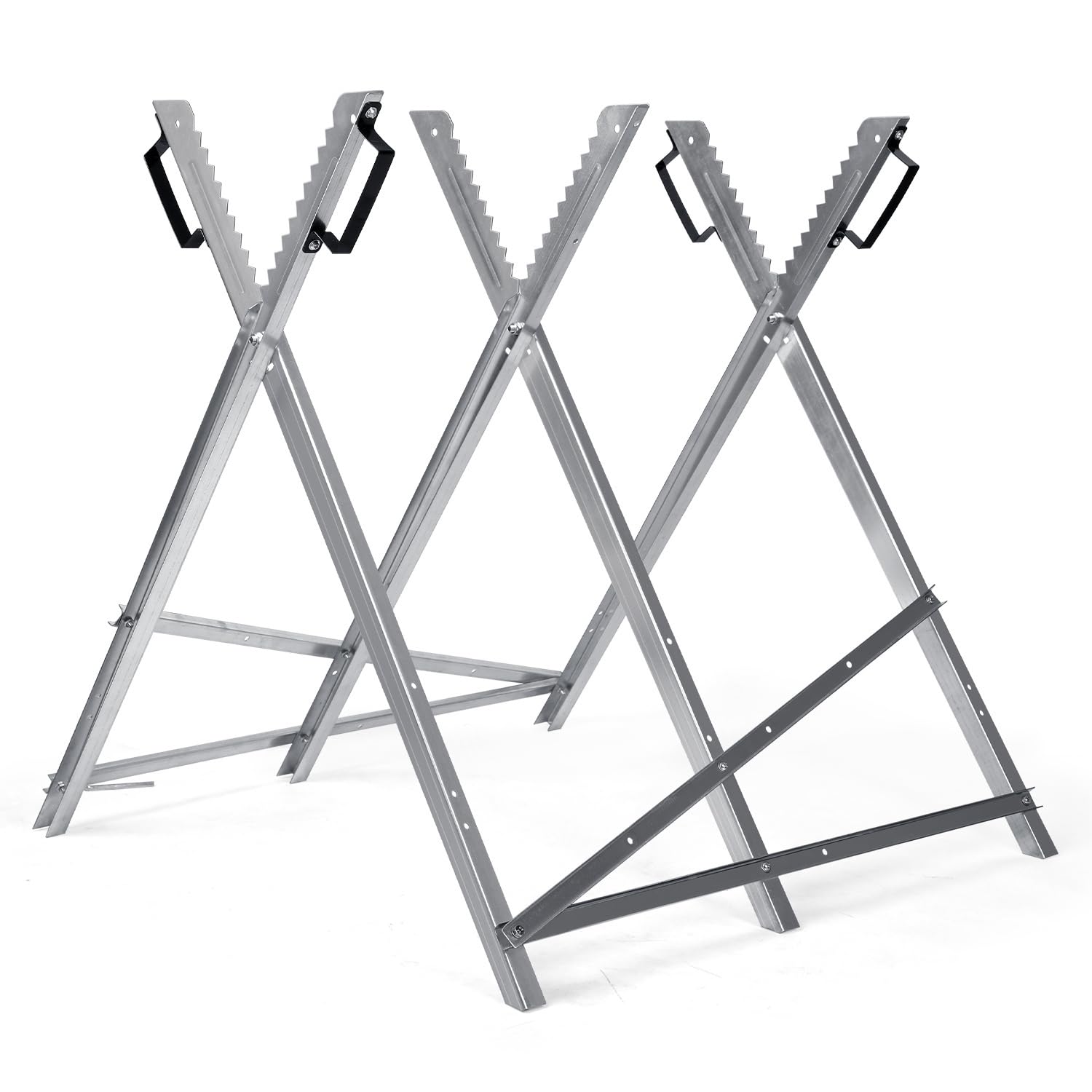 Chevalet de sciage en bois galvanisé stable avec 3 supports de dents - Charge maximale : 150 kg - Pour tronçonneuses - Pliable - Pour troncs d'arbre jusqu'à 23 cm de diamètre