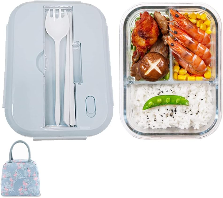 DUUKOA Glass Bento Box Lunch Box with Lunch Bag 3 Compartment Glass