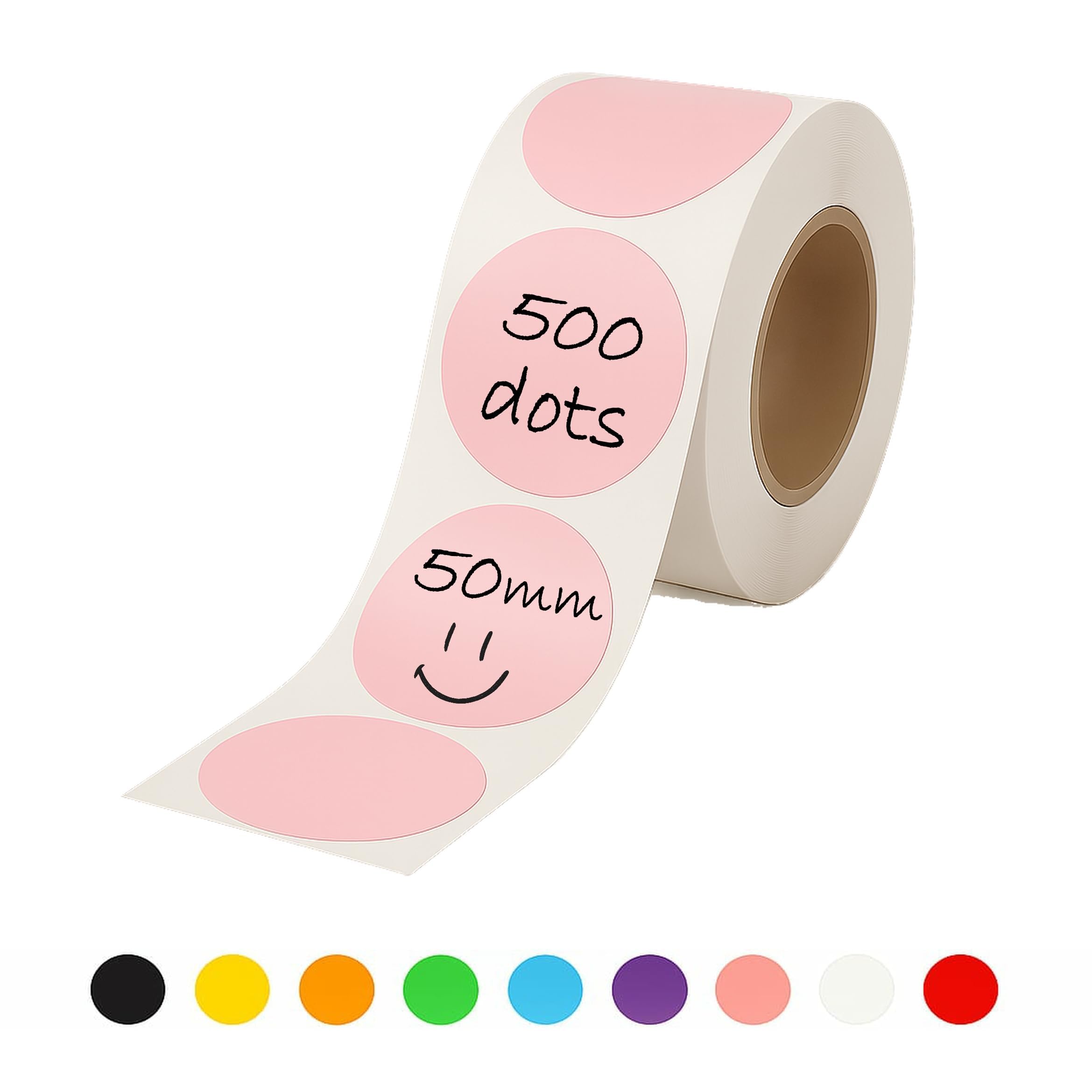 Rubigo 50mm Coloured Circle Stickers, 500 Round Stickers, 10 Colours, Writable, Durable Sticky Labels on a Roll for Moving House, Warehouse, Crafts. Semi Gloss (Pastel Pink)