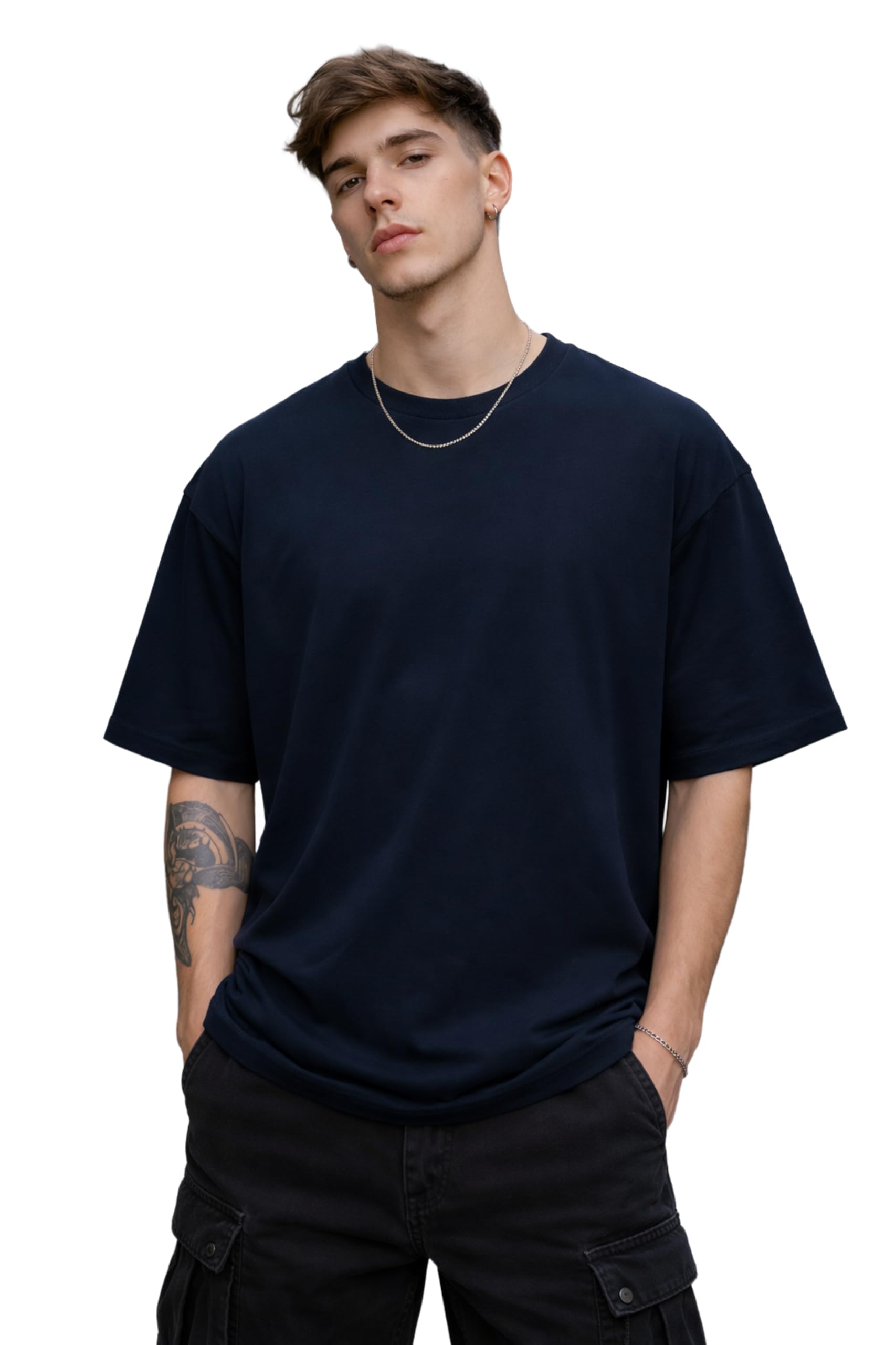 sketchyco Oversized Navy Blue Plain T-Shirt for Men Cotton Drop Shoulder Loose Fit Streetwear Solid Casual Round Neck Half Sleeve Minimal Basic Tee Everyday Wear Stylish-picture-42