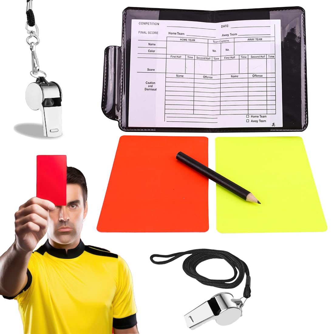 Kit de Tarjetas de Árbitro Roja y Amarilla con Silbato para Fútbol