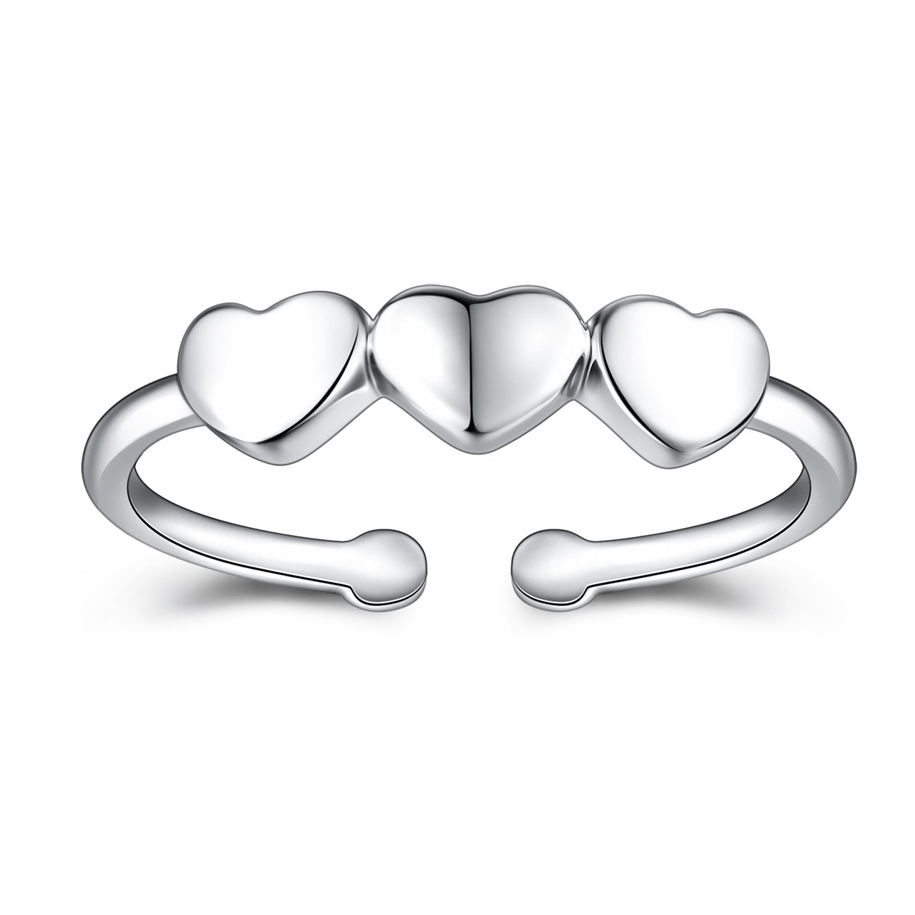 VG Studio Simple Three Cute Promise Heart Adjustable Open Rings, Silver Plated
