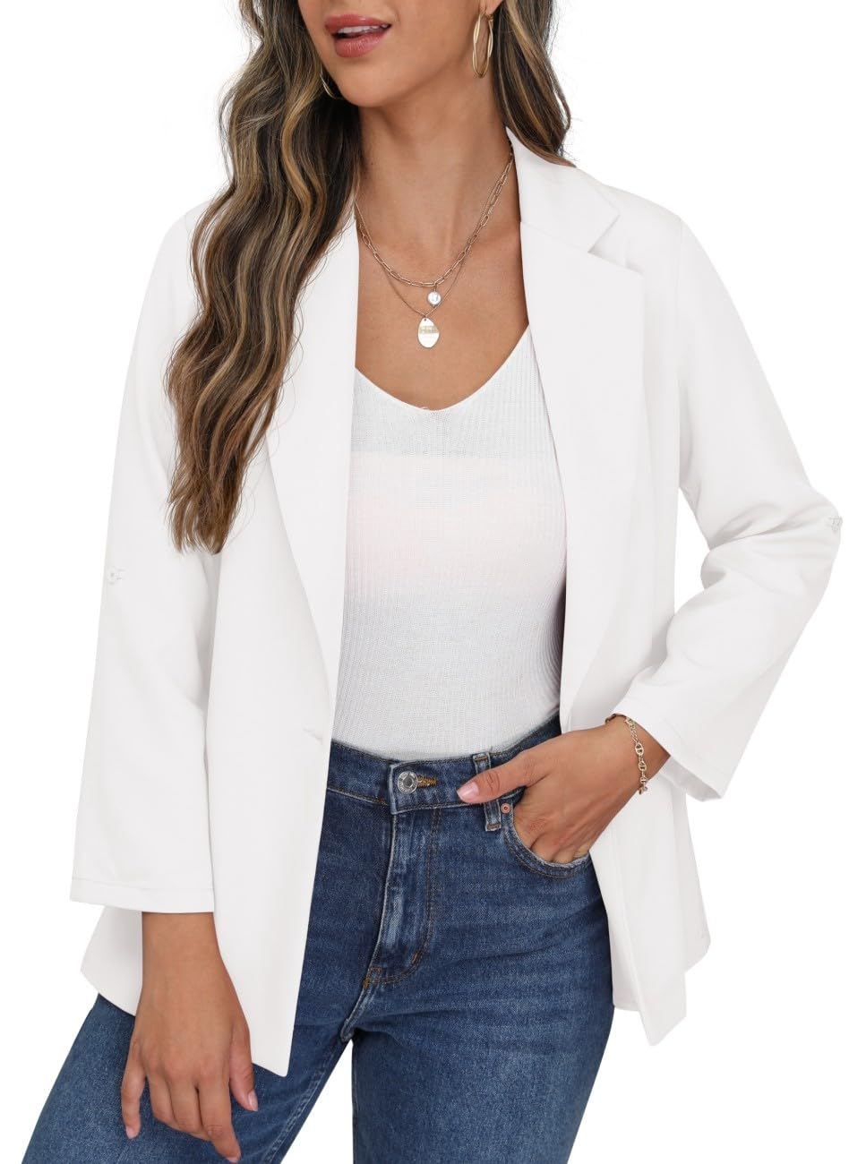 PrinStory Blazer para mujer, manga ajustable, con bolsillos, cuello de solapa, botones frontales abiertos
