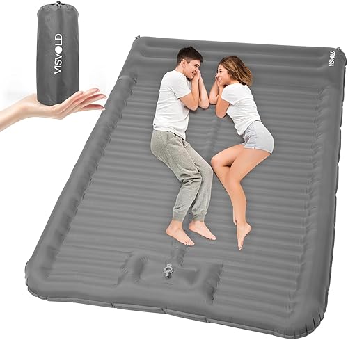 visvold Colchoneta de dormir doble para campamento, 4.72 pulgadas, ultra gruesa, autoinflable, para 2 personas con almohada, bomba de pie