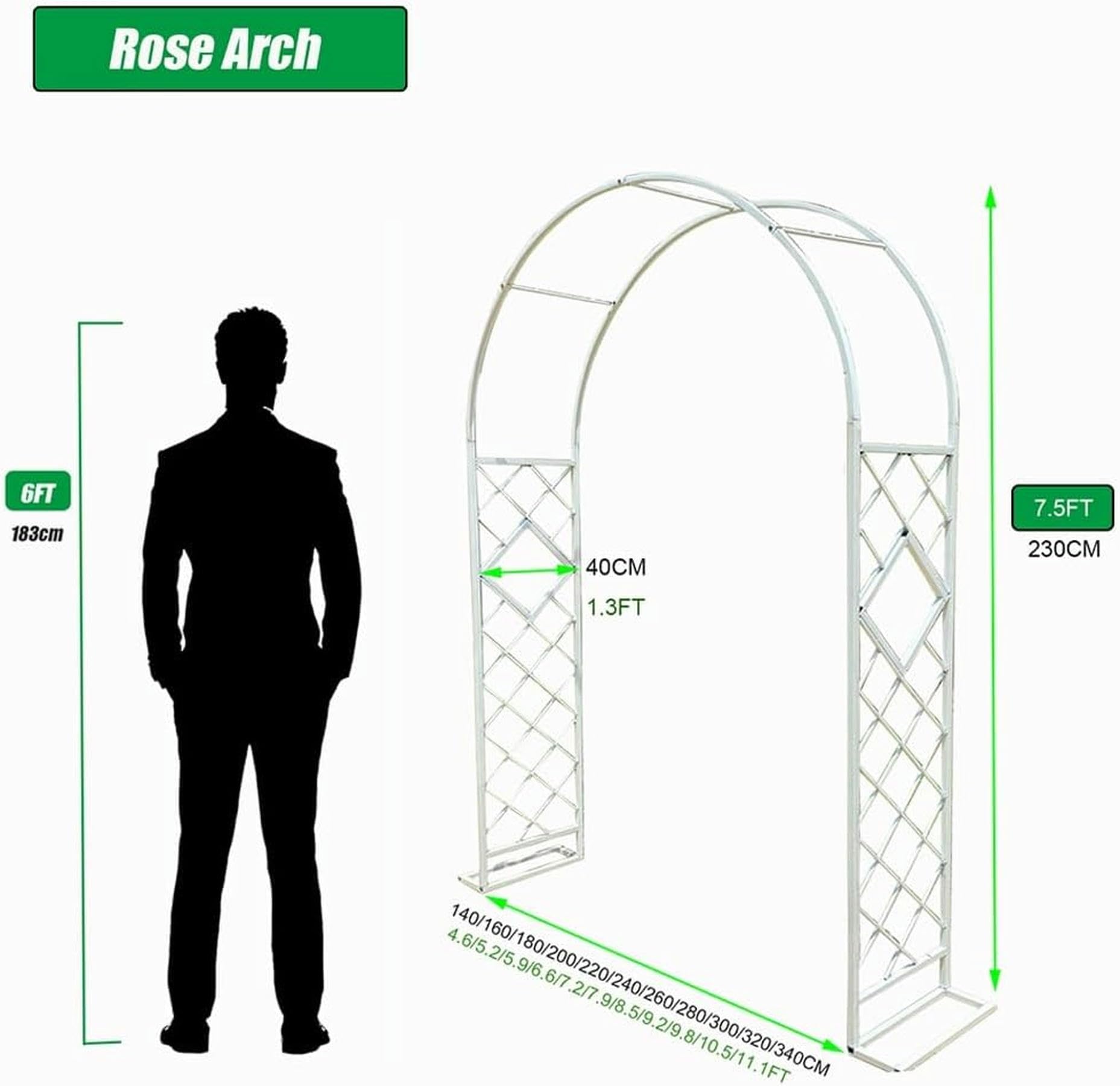 Arche de jardin, arche pour roses, grimpante, 140 x 230 cm, 200 x 230 cm, 280 x 230 cm, 340 x 230 cm, blanc pour cour et jardin (taille : L 200 x H 230 x 40 cm)