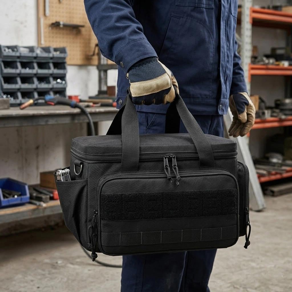 Borsa per attrezzi, multifunzionale, 36,7 x 21,5 x 20,5 cm, borsa da lavoro multifunzione, per costruzione, carpenteria e fai da te (nero)
