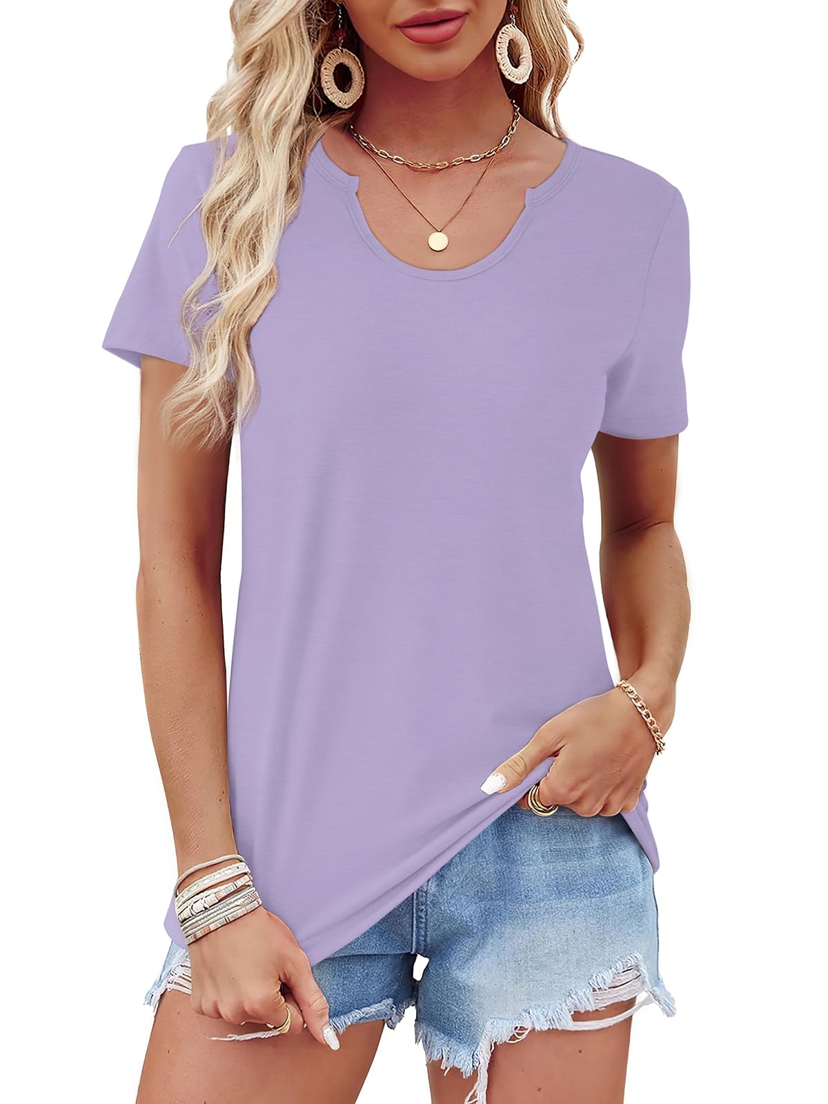 WIHOLLSummer Tops for Women Scoop Neck Basic Tees Short Sleeve Casual T-Shirts Loose Fit