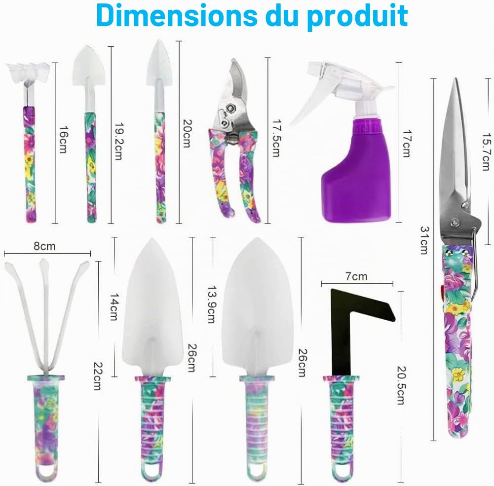 KAHEIGN 10Pcs Outils de Jardinage, Impression De Fleurs Violettes Outil à Main De Jardin Pelle à Manche Ergonomique Et Sécateur, Râteau, Pulvérisateur D'eau, Cadeaux De Jardinage Pour Femmes, Hommes